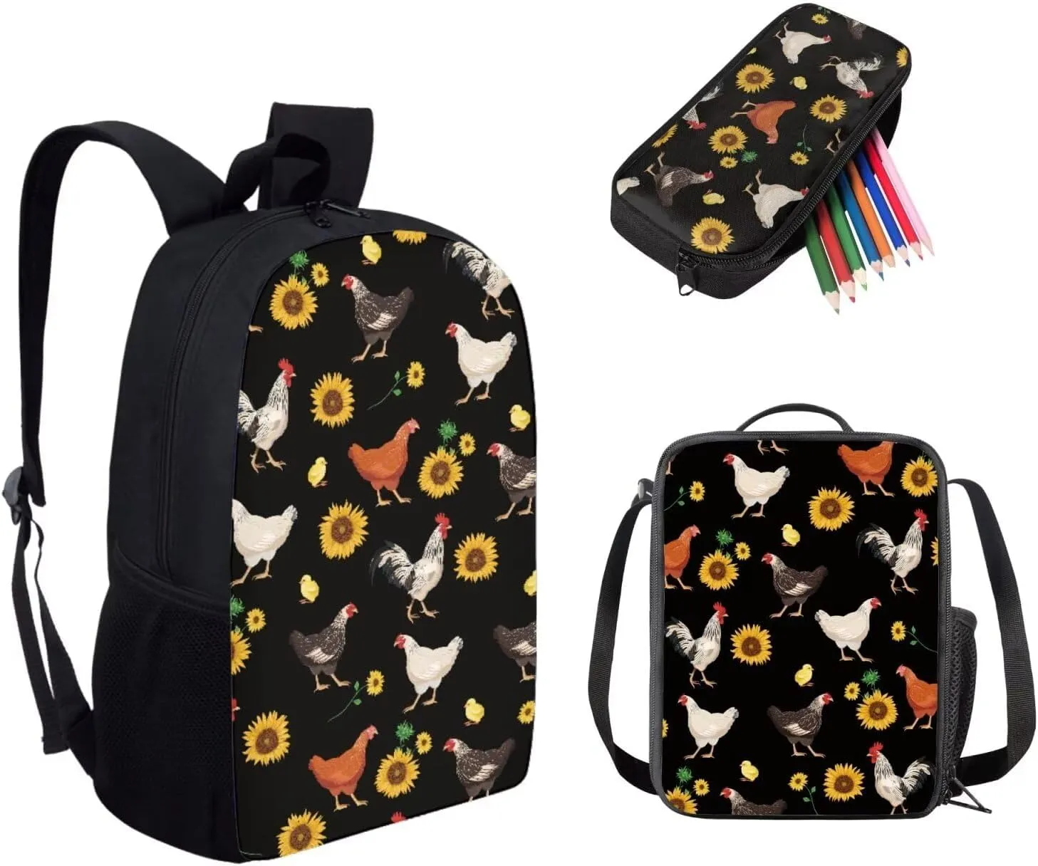 doginthehole Lightweight Backpack for School Kids Girls Aesthetic Sunflower Rooster Print Bookbag Insulated Lunch Bag and Pencil Case 3-in-1 School Backpack Daycare Bag for Teens Primary Middle School