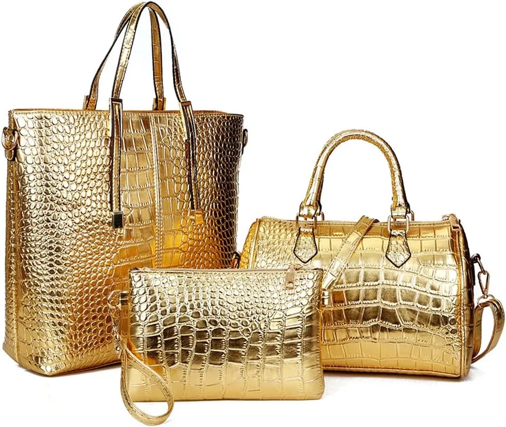 Downupdown 3PC Handbags and Purse for Women Top Handle Bags Satchel Shoulder Totes Boston Bag Wallet Crocodile Pattern Set