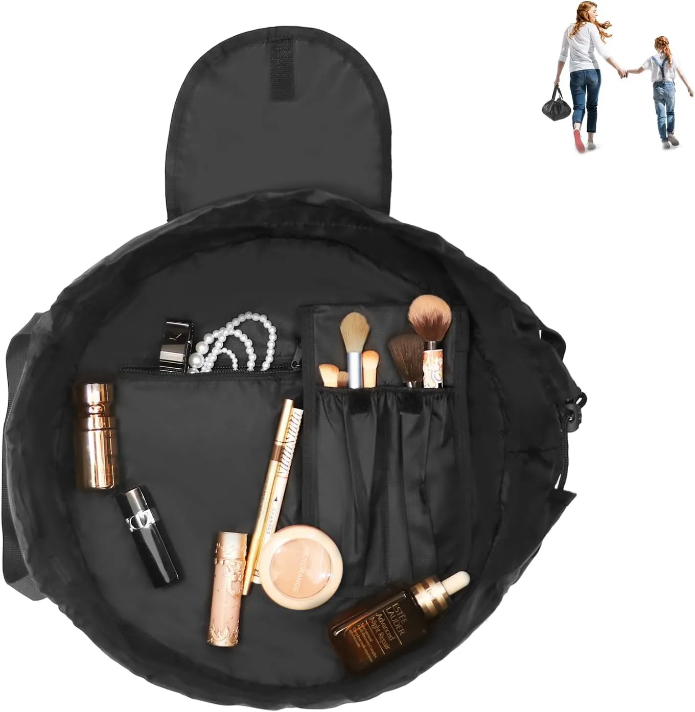 Drawstring Cosmetic Bag for Women – Travel Accessories for Women Travel Make Up Organizer Bag for Toiletry with Brush Area (Black)
