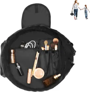 Drawstring Cosmetic Bag for Women – Travel Accessories for Women Travel Make Up Organizer Bag for Toiletry with Brush Area (Black)