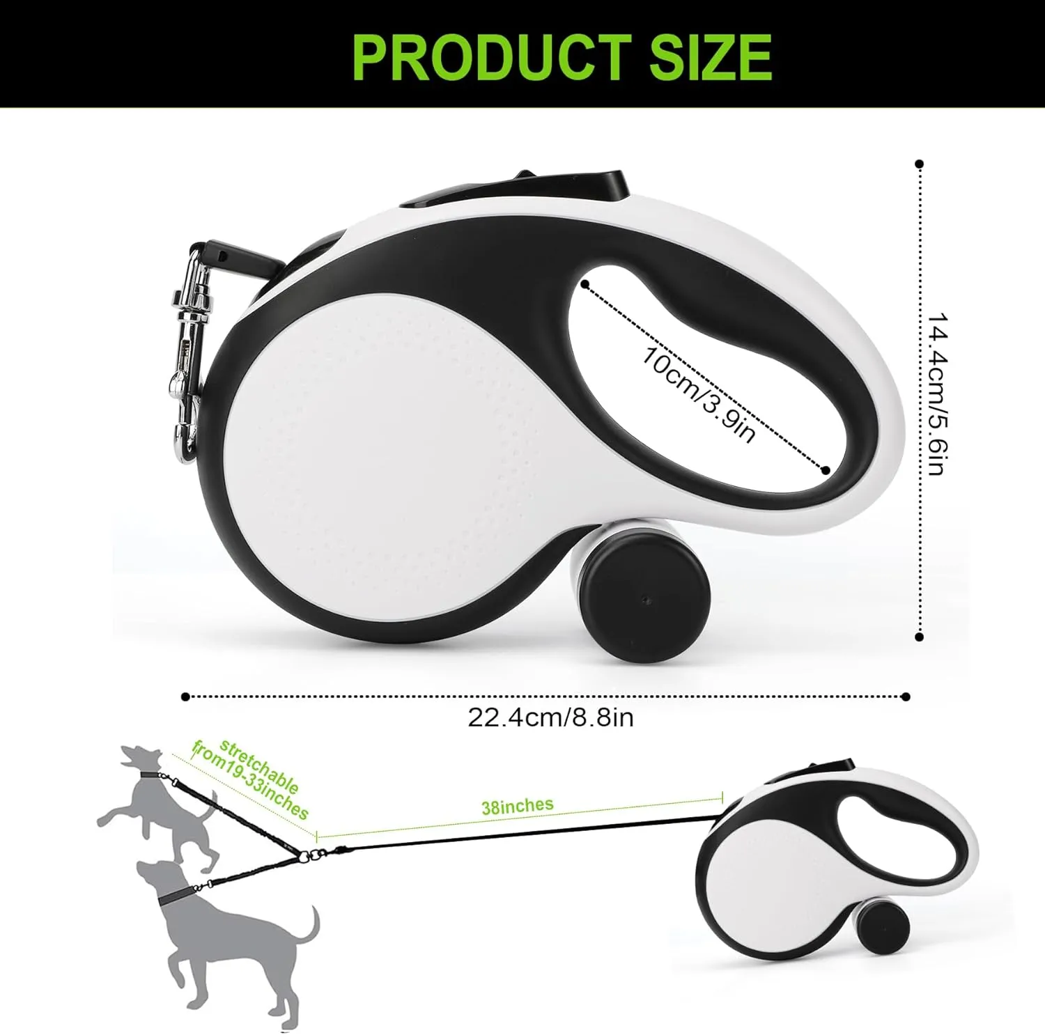 Dual Retractable Dog Leash for 2 Large Dogs (Up to 110 Lbs Each) - Double Headed 16 ft Extendable Pet Leash with Poop Bags and LED Light, One Button Break & Lock, 360 Tangle-Free (White, Medium)