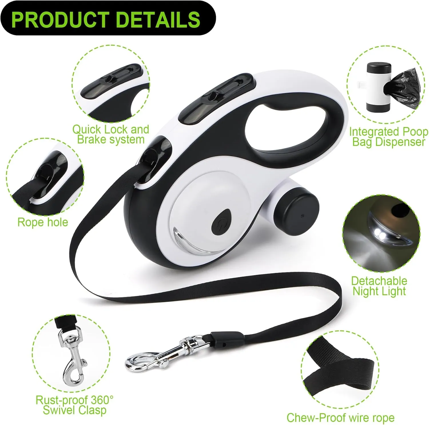 Dual Retractable Dog Leash for 2 Large Dogs (Up to 110 Lbs Each) - Double Headed 16 ft Extendable Pet Leash with Poop Bags and LED Light, One Button Break & Lock, 360 Tangle-Free (White, Medium)