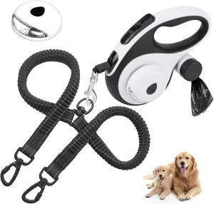 Dual Retractable Dog Leash for 2 Large Dogs (Up to 110 Lbs Each) - Double Headed 16 ft Extendable Pet Leash with Poop Bags and LED Light, One Button Break & Lock, 360 Tangle-Free (White, Medium)