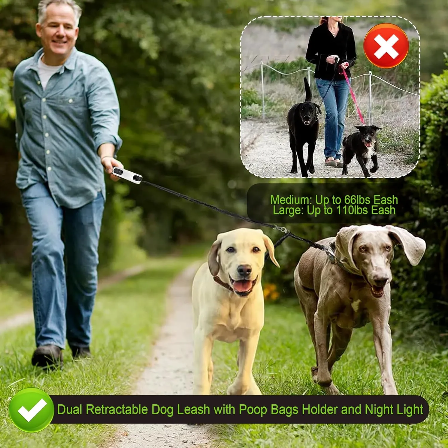 Dual Retractable Dog Leash for 2 Large Dogs (Up to 110 Lbs Each) - Double Headed 16 ft Extendable Pet Leash with Poop Bags and LED Light, One Button Break & Lock, 360 Tangle-Free (White, Medium)