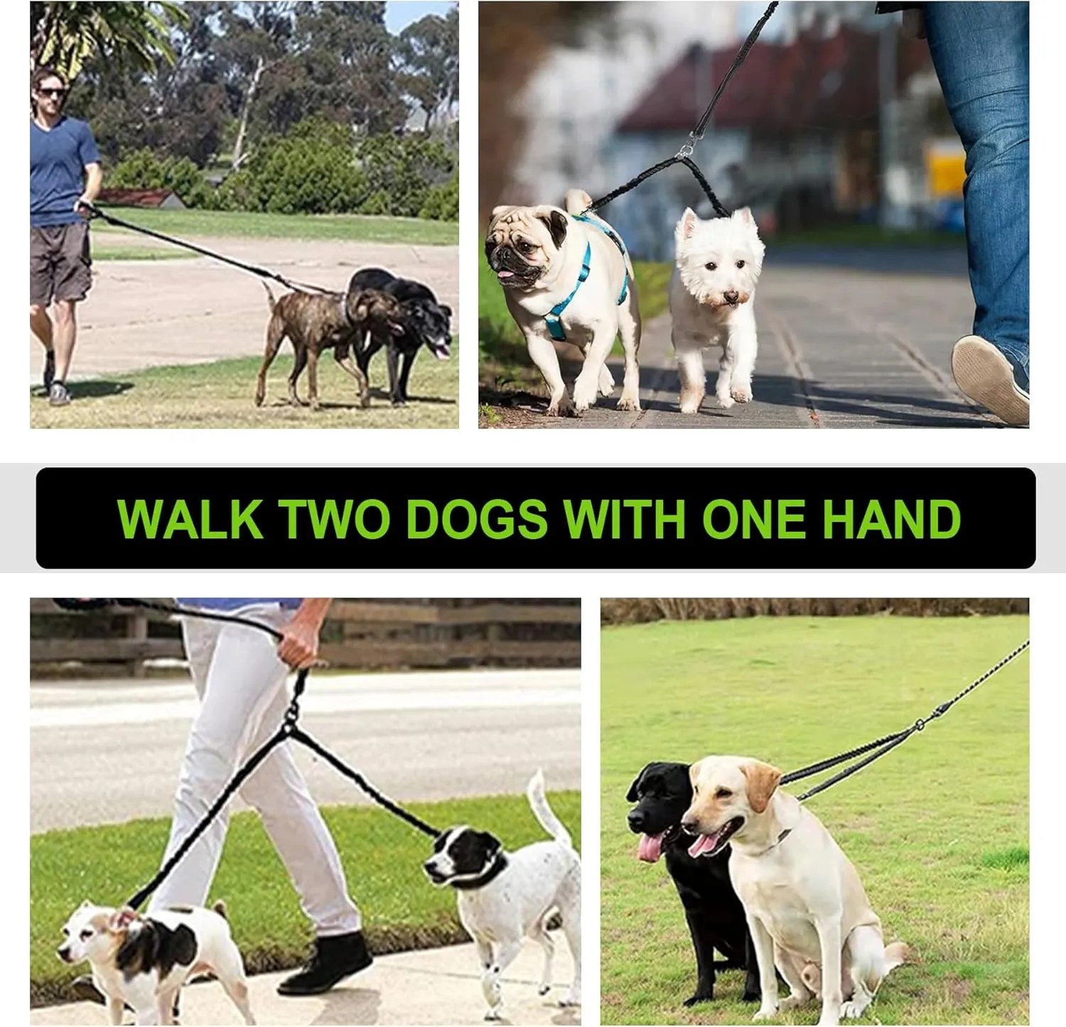 Dual Retractable Dog Leash for 2 Large Dogs (Up to 110 Lbs Each) - Double Headed 16 ft Extendable Pet Leash with Poop Bags and LED Light, One Button Break & Lock, 360 Tangle-Free (White, Medium)