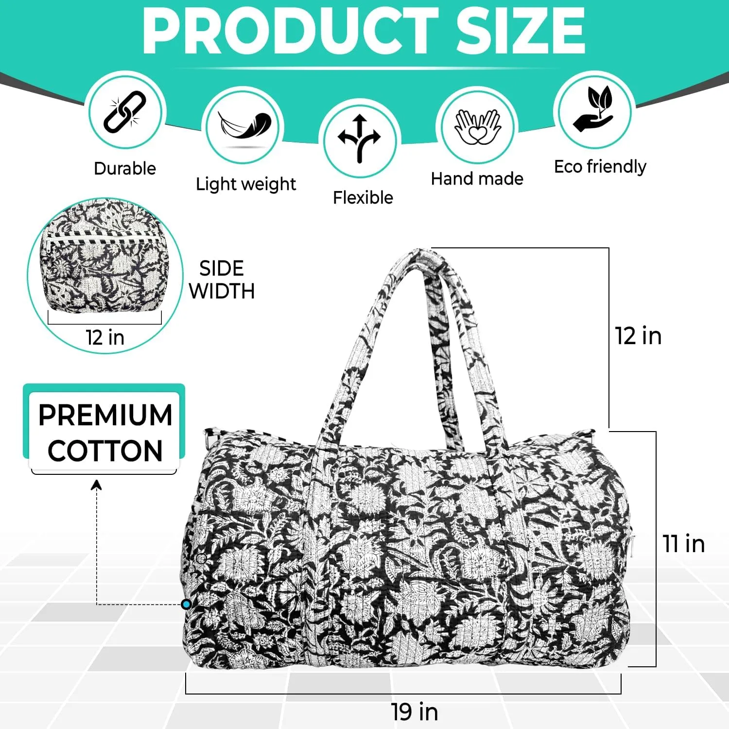 Duffle Bag – Handmade Block Print Duffle, Boho, Weekender, Travel Tote | Overnight Gym Yoga | Sustainable Cotton | Maternity, Hospital & Pregnancy Essentials | Washable