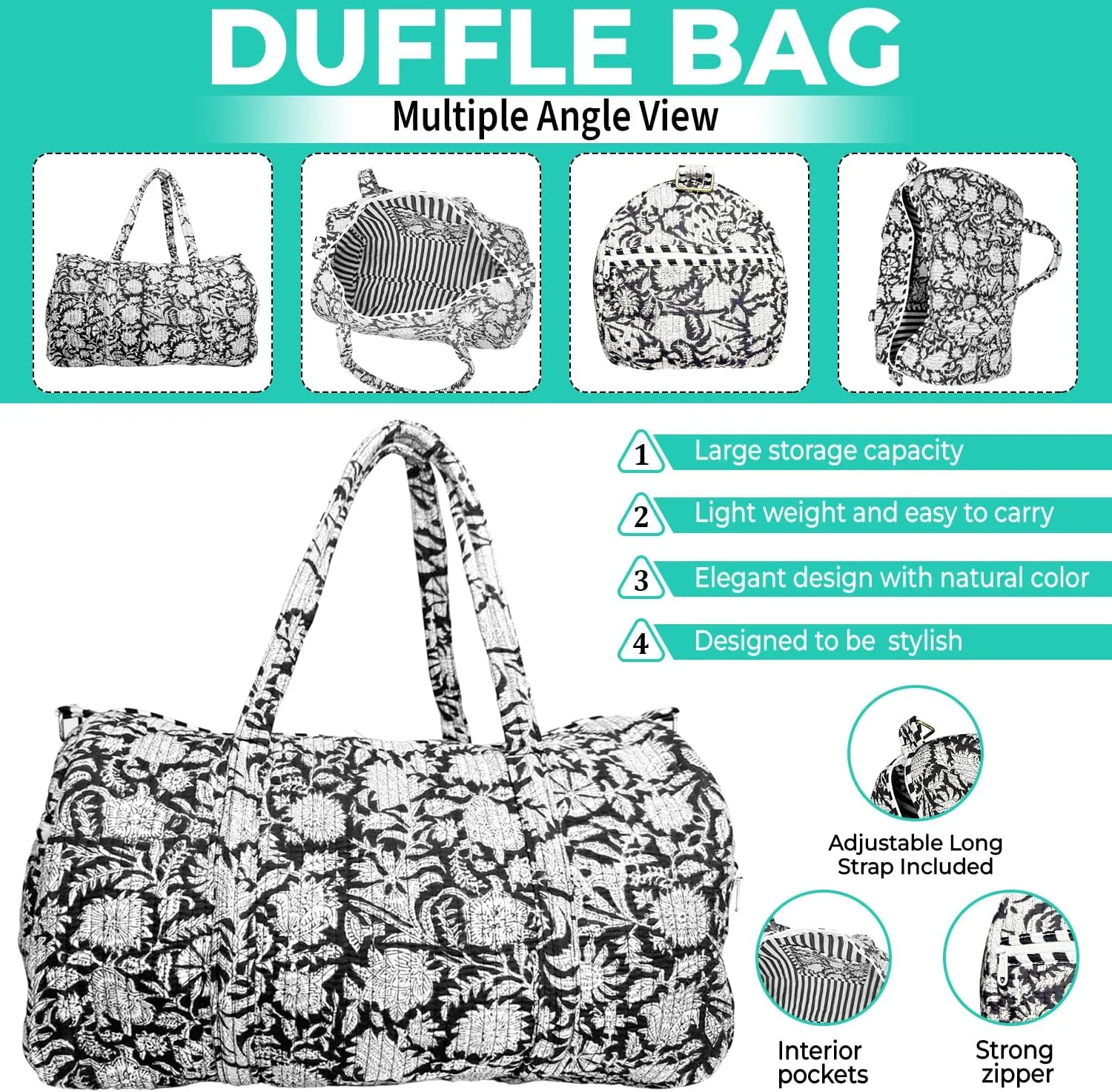 Duffle Bag – Handmade Block Print Duffle, Boho, Weekender, Travel Tote | Overnight Gym Yoga | Sustainable Cotton | Maternity, Hospital & Pregnancy Essentials | Washable