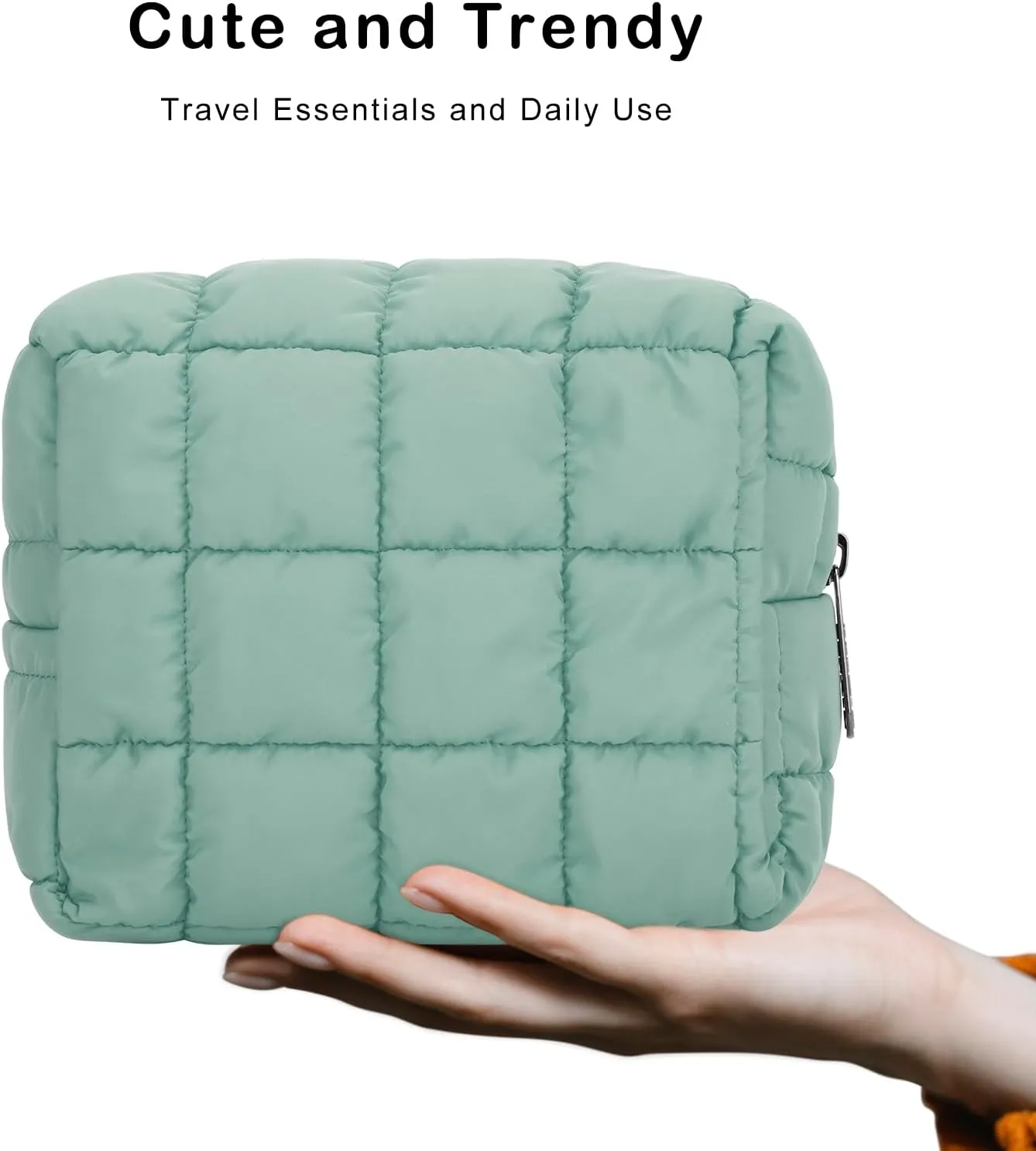E-Tree Cute Makeup Bag,Quilted Cosmetic Bag,Make up Pouch for Purse,Toiletry Zipper Pouch,Checkered Bag,Travel Case,Storage Pouches for Organization (Green)
