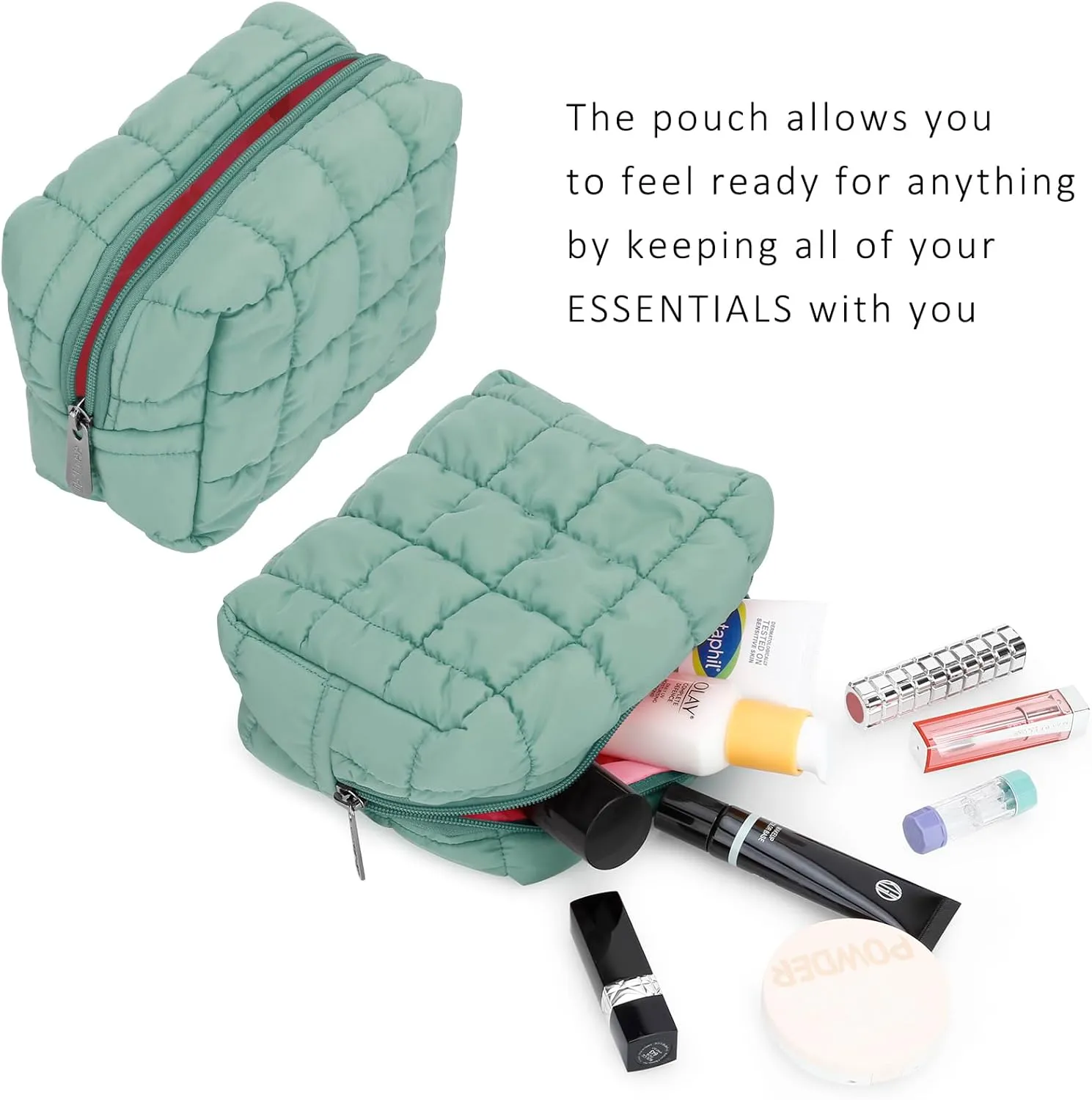 E-Tree Cute Makeup Bag,Quilted Cosmetic Bag,Make up Pouch for Purse,Toiletry Zipper Pouch,Checkered Bag,Travel Case,Storage Pouches for Organization (Green)
