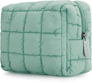 E-Tree Cute Makeup Bag,Quilted Cosmetic Bag,Make up Pouch for Purse,Toiletry Zipper Pouch,Checkered Bag,Travel Case,Storage Pouches for Organization (Green)