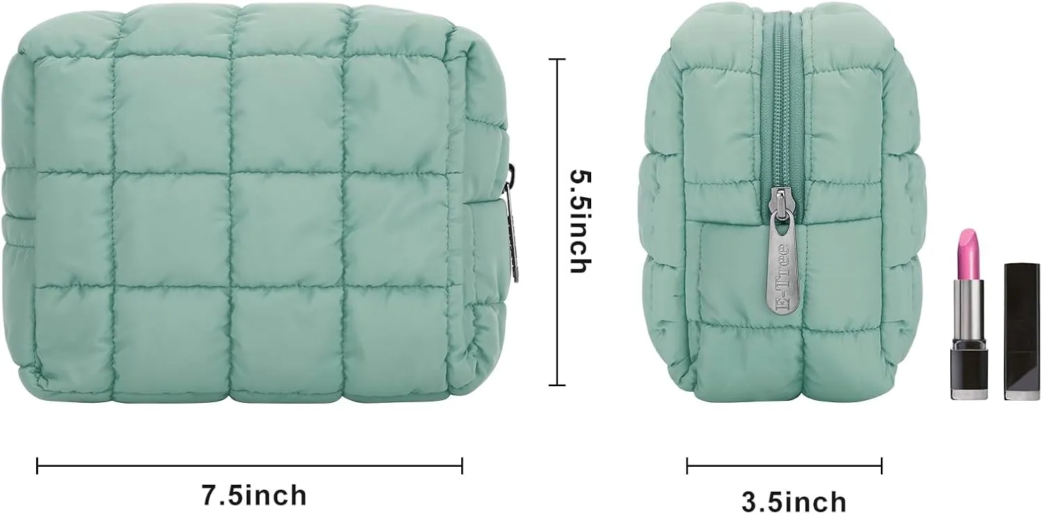 E-Tree Cute Makeup Bag,Quilted Cosmetic Bag,Make up Pouch for Purse,Toiletry Zipper Pouch,Checkered Bag,Travel Case,Storage Pouches for Organization (Green)