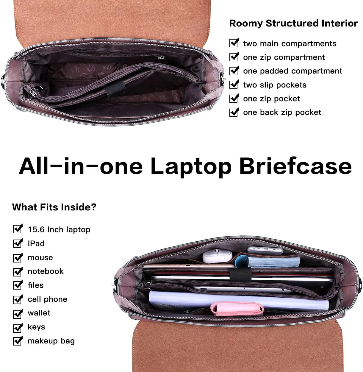 EaseGave Women's 15.6 Inch Laptop Briefcase, Vintage Purple Saffiano Eco-Leather, 4 Large Compartments, 2 Slip Pockets, 1 Zip-Fastening Pocket