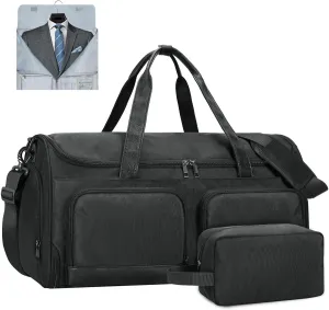 ECOHUB 2-in-1 Garment Bag Carry On Travel Duffel Bags, Water-Resistant Luggage Bag with Wet Pocket Shoe Pouch and Toiletry Bag, Lightweight and Durable Hanging Suit Bag for Business and Weekend, Black