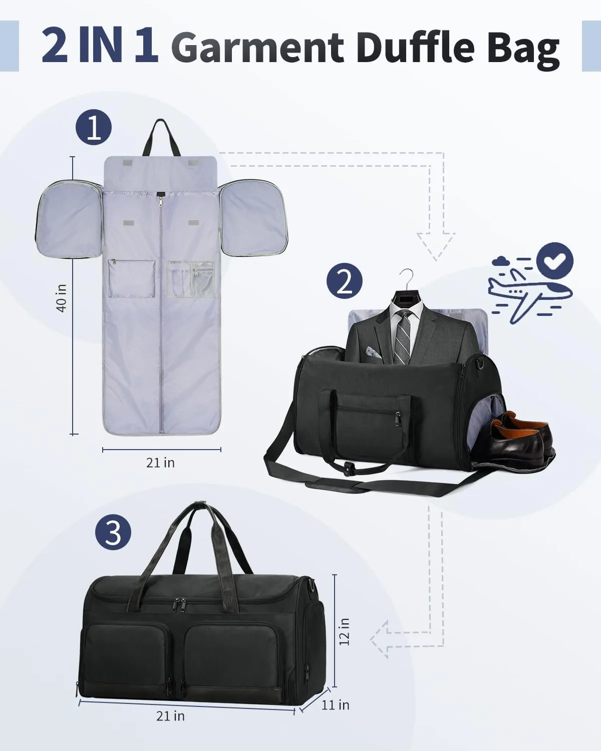 ECOHUB 2-in-1 Garment Bag Carry On Travel Duffel Bags, Water-Resistant Luggage Bag with Wet Pocket Shoe Pouch and Toiletry Bag, Lightweight and Durable Hanging Suit Bag for Business and Weekend, Black