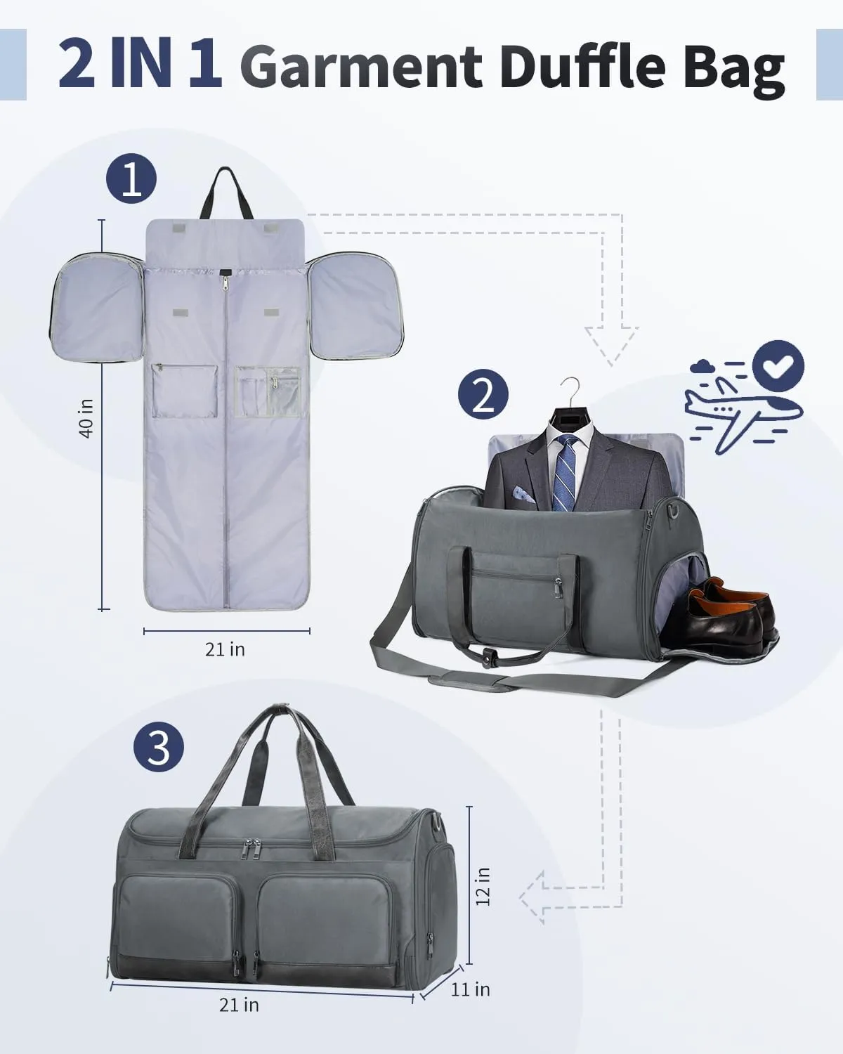 ECOHUB 2-in-1 Garment Bag Carry On Travel Duffel Bags, Water-Resistant Luggage Bag with Wet Pocket, Shoe Pouch and Toiletry Bag, Lightweight and Durable Hanging Suit Bag for Business and Weekend, Grey