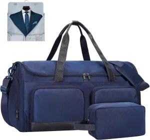 ECOHUB 2-in-1 Garment Bag Carry On Travel Duffel Bags, Water-Resistant Luggage Bag with Wet Pocket Shoe Pouch and Toiletry Bag, Lightweight Durable Hanging Suit Bag for Business and Weekend, Navy Blue
