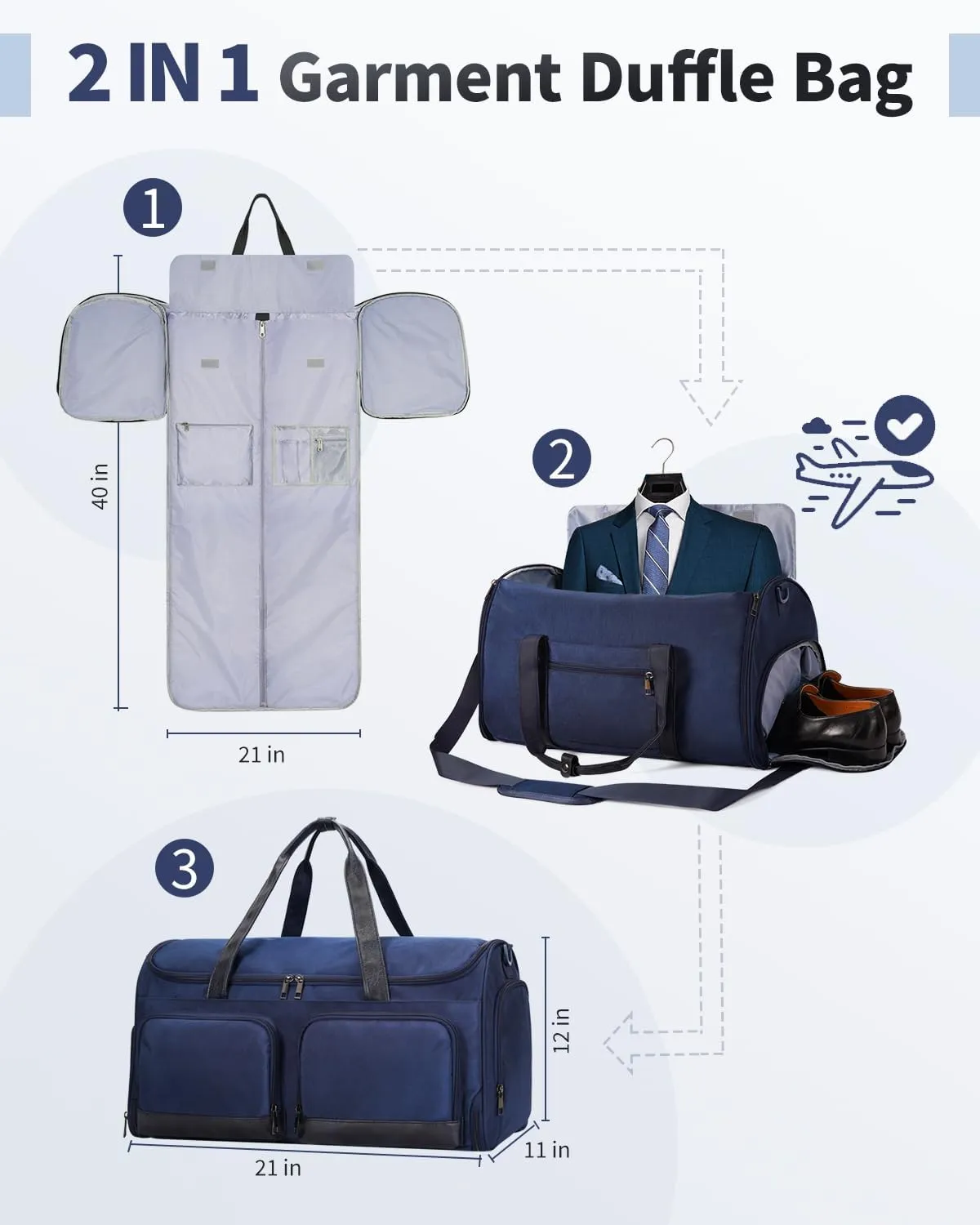 ECOHUB 2-in-1 Garment Bag Carry On Travel Duffel Bags, Water-Resistant Luggage Bag with Wet Pocket Shoe Pouch and Toiletry Bag, Lightweight Durable Hanging Suit Bag for Business and Weekend, Navy Blue