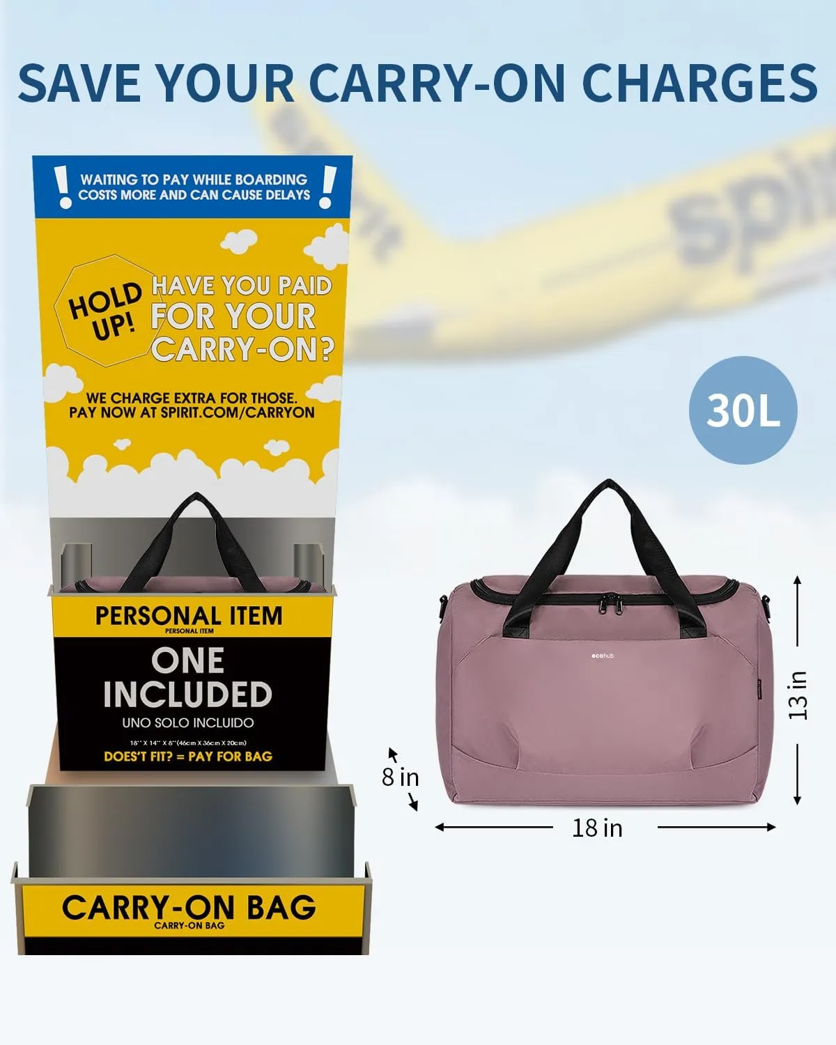 ECOHUB For Spirit Airlines Personal Item Bag 18x14x8 Travel Essentials Travel Duffel Bag Carry on Luggage Gym bag Weekender Overnight Bags Hospital Bags for Women and Men