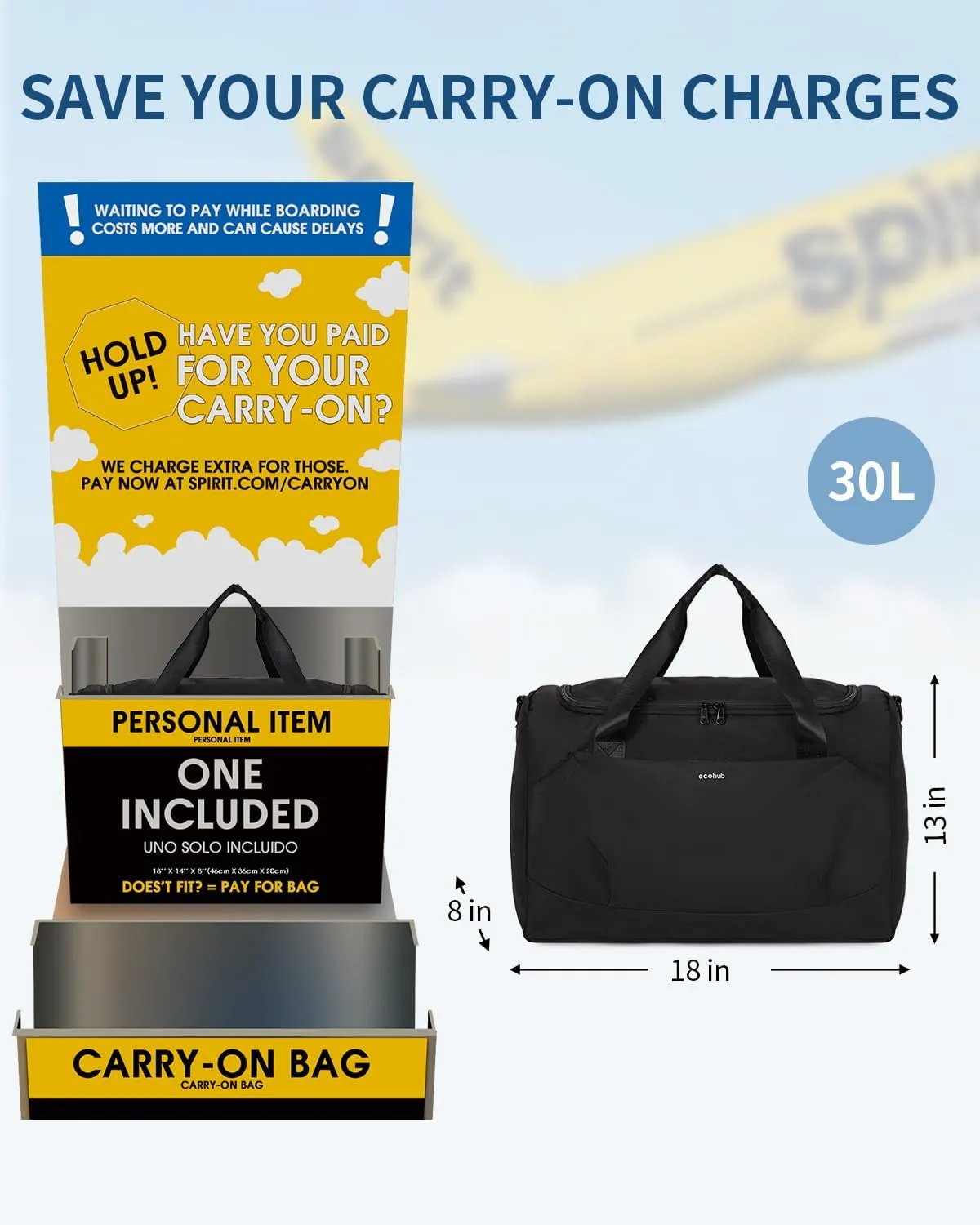 ECOHUB For Spirit Airlines Personal Item Bag 18x14x8 Travel Essentials Travel Duffel Bag Carry on Luggage Gym bag Weekender Overnight Bags Hospital Bags for Women and Men