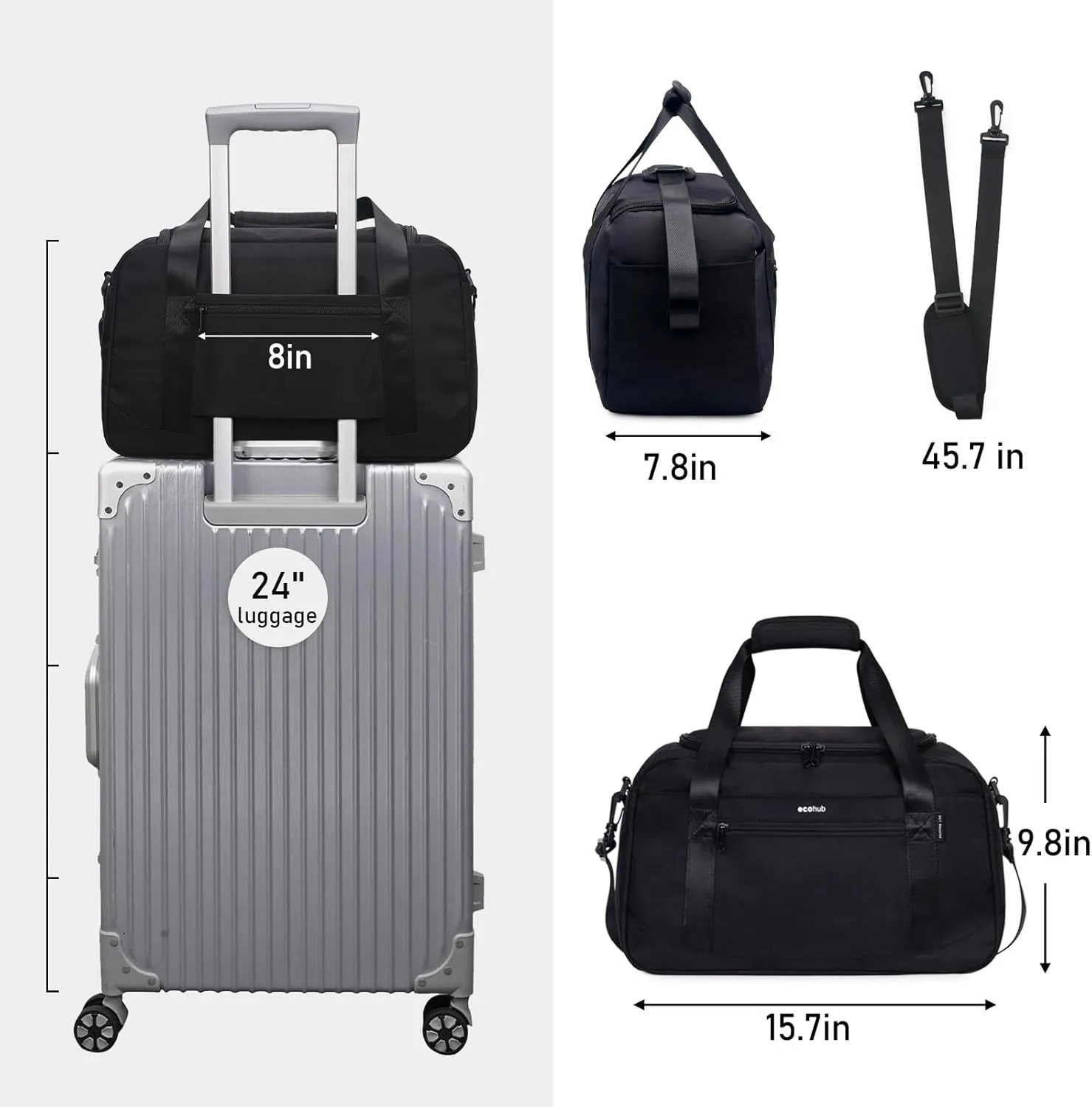 ECOHUB Personal Item Bag 16'' Small Duffel Bag Travel Bag Weekender Bag Gym Bag Tote Duffel bag Overnight Bags Travel Essentials for Women and Men Shoulder Bag Carry On Shoes Bag (Black)