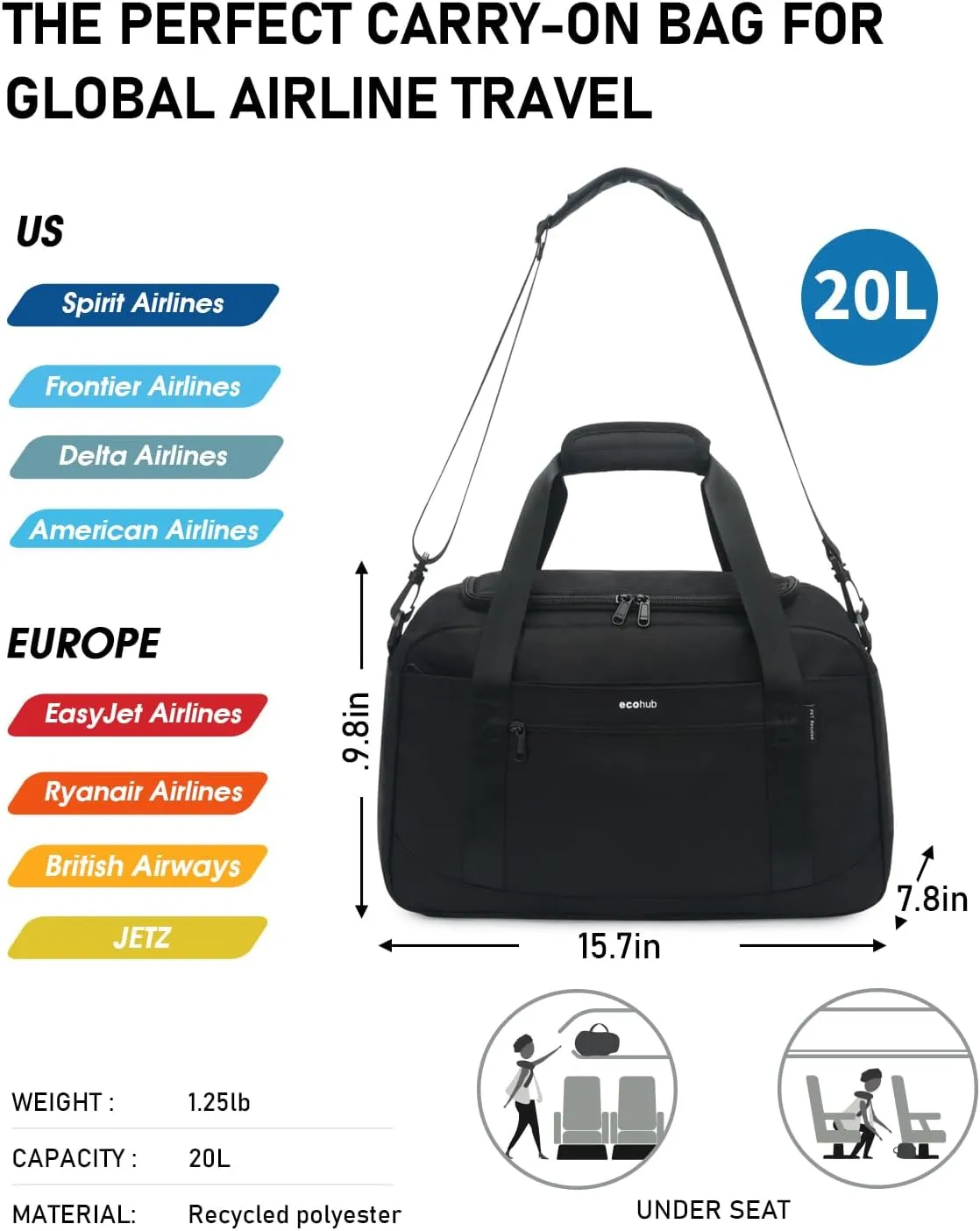 ECOHUB Personal Item Bag 16'' Small Duffel Bag Travel Bag Weekender Bag Gym Bag Tote Duffel bag Overnight Bags Travel Essentials for Women and Men Shoulder Bag Carry On Shoes Bag (Black)
