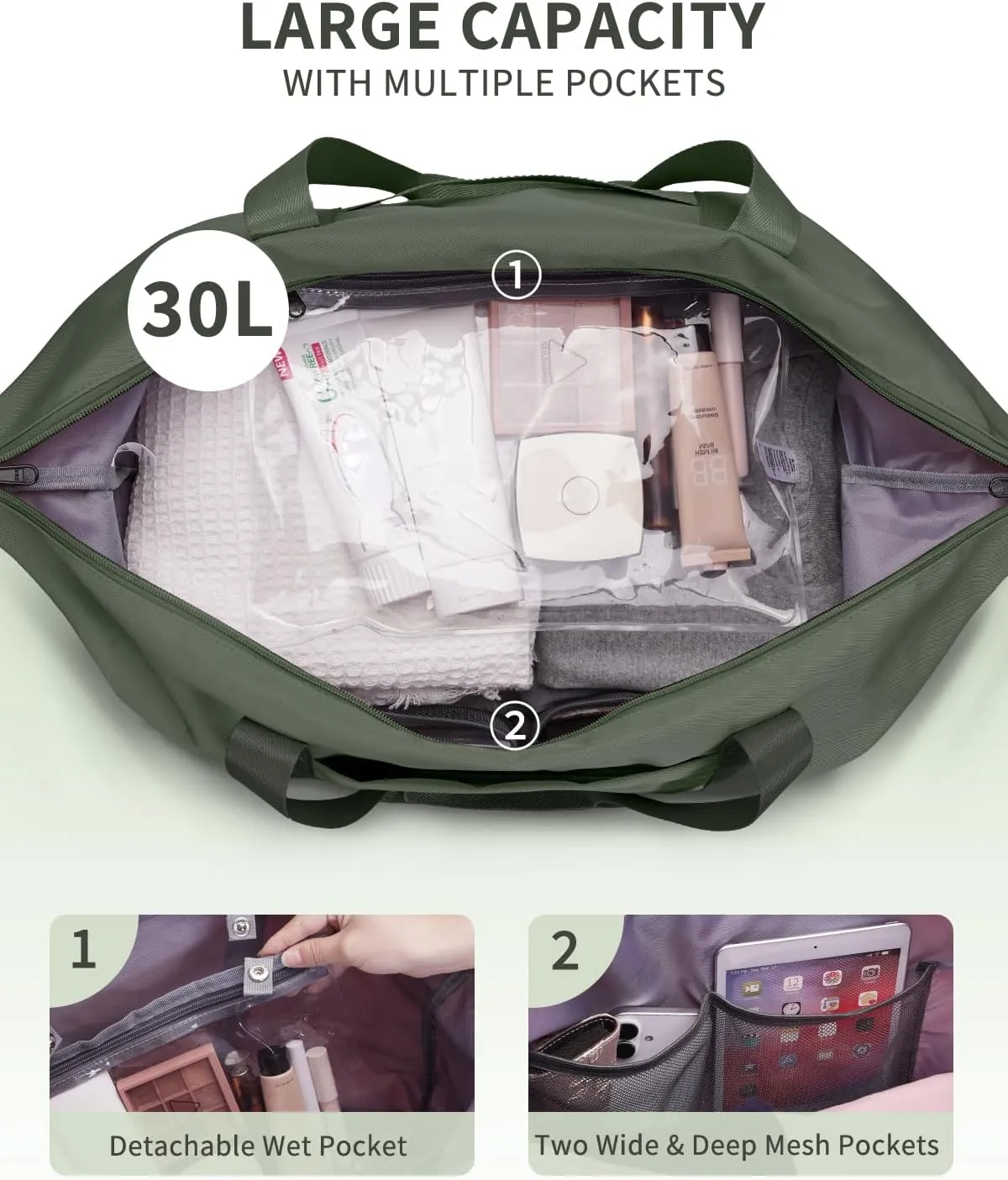 ECOHUB Spirit Airlines Personal Item Bag 18x14x8 Overnight Bag Duffel Bag with Wet Pocket Weekend Travel Gym Yoga Bag 30L Army Green