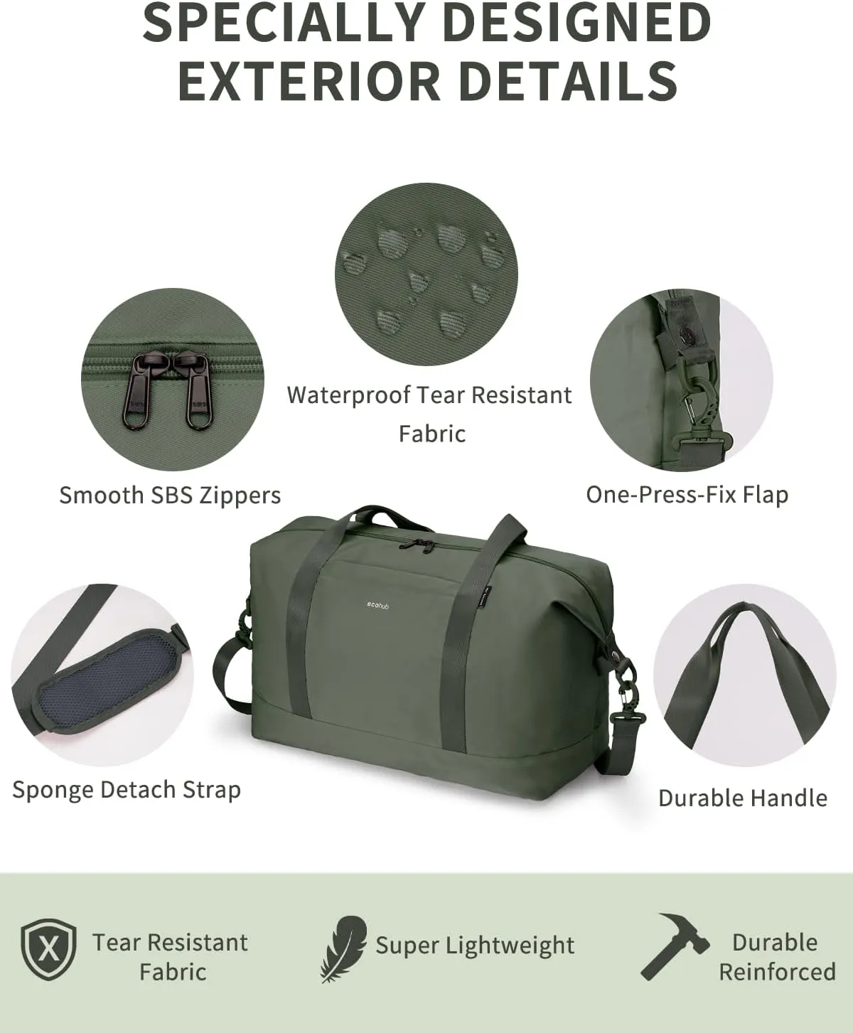 ECOHUB Spirit Airlines Personal Item Bag 18x14x8 Overnight Bag Duffel Bag with Wet Pocket Weekend Travel Gym Yoga Bag 30L Army Green