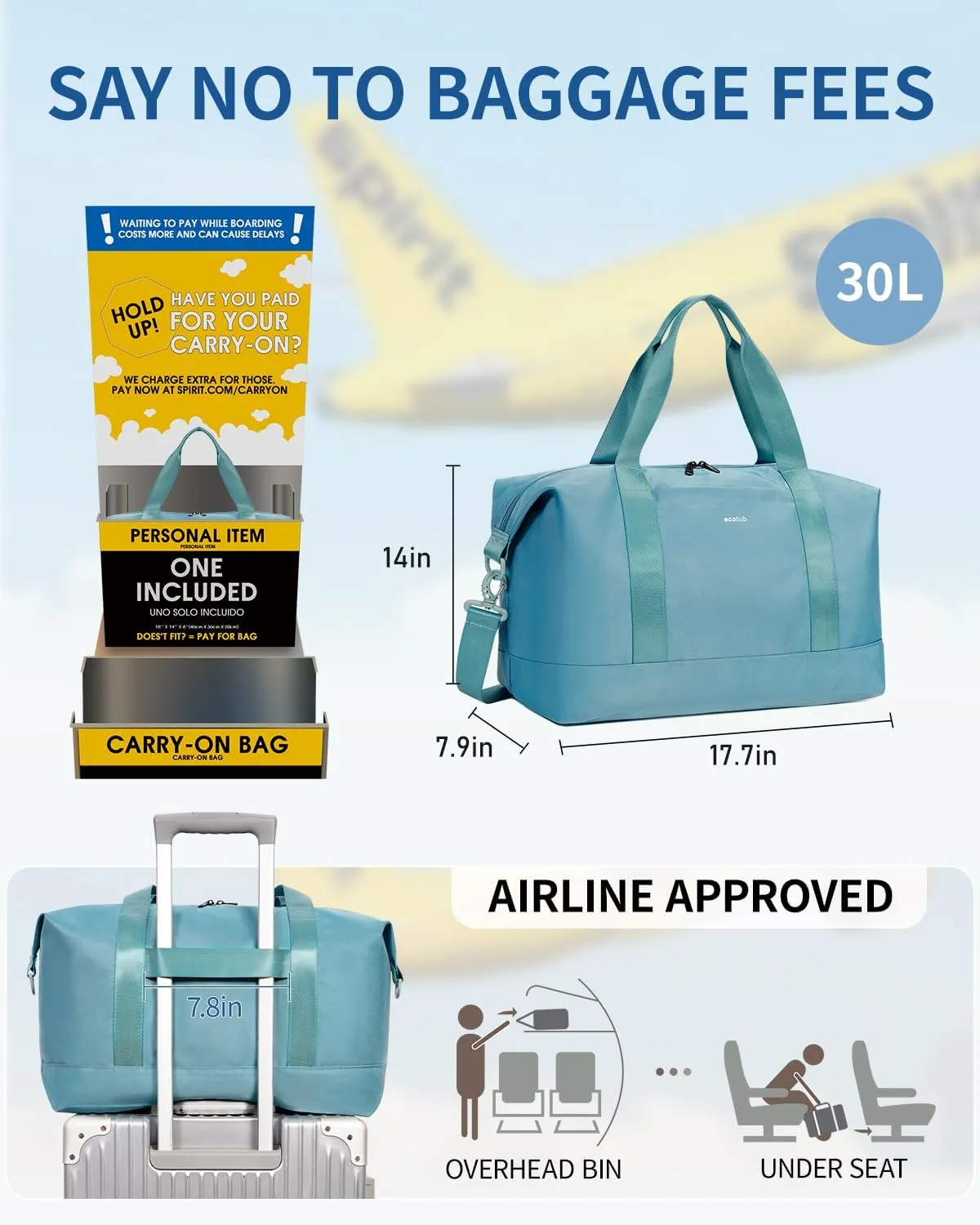 ECOHUB Spirit Airlines Personal Item Bag - 18x14x8 Underseat Carry On with Removable TSA Approved Wet Bag, Travel Duffel for Women, 30L (Blue)