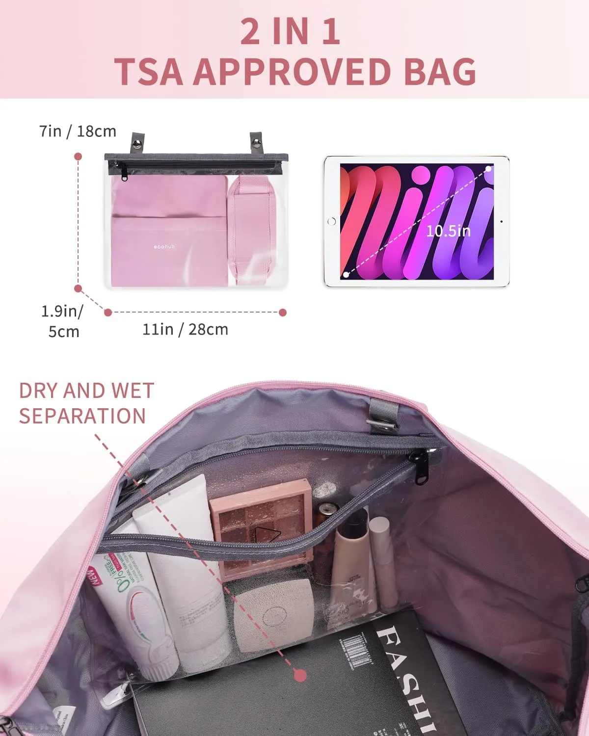 ECOHUB Weekender Bags for Women Personal Item Travel Bag 18x14x8 Gym Duffel Bags Travel Essentials Tote Bags 30L Pink