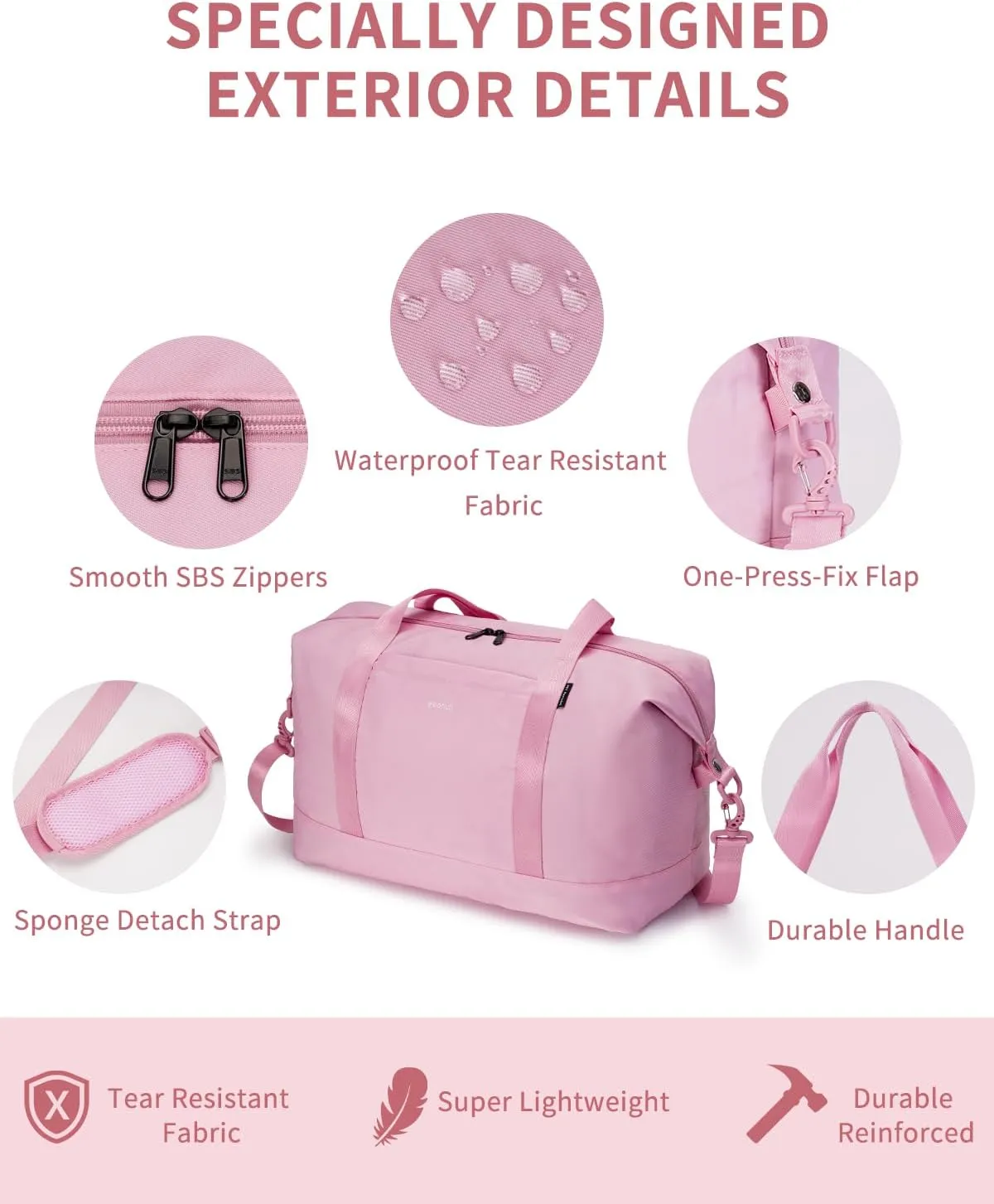 ECOHUB Weekender Bags for Women Personal Item Travel Bag 18x14x8 Gym Duffel Bags Travel Essentials Tote Bags 30L Pink