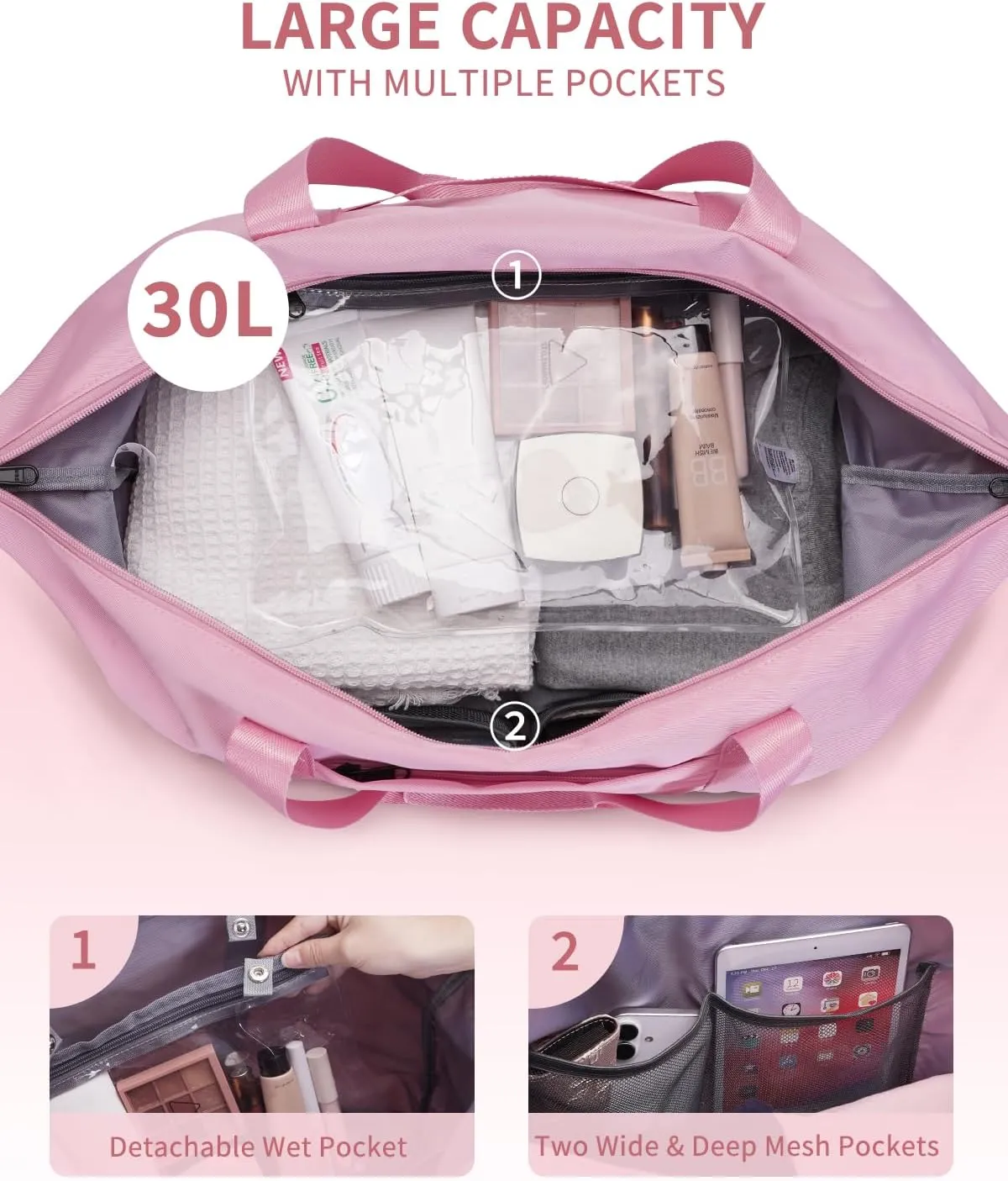 ECOHUB Weekender Bags for Women Personal Item Travel Bag 18x14x8 Gym Duffel Bags Travel Essentials Tote Bags 30L Pink