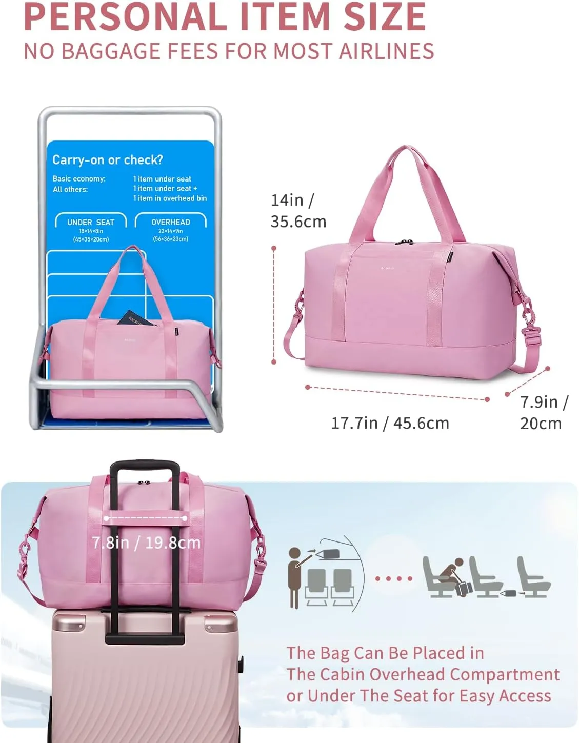 ECOHUB Weekender Bags for Women Personal Item Travel Bag 18x14x8 Gym Duffel Bags Travel Essentials Tote Bags 30L Pink