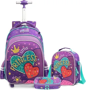 Egchescebo Kids Love Hearts Rolling Backpack for Girls 17" Suitcases Trolley Backpacks with Wheels 3PCS Luggage Backpacks Wheels with Lunch Box Pencil Case for Elementary Girl Travel School Bag Purple