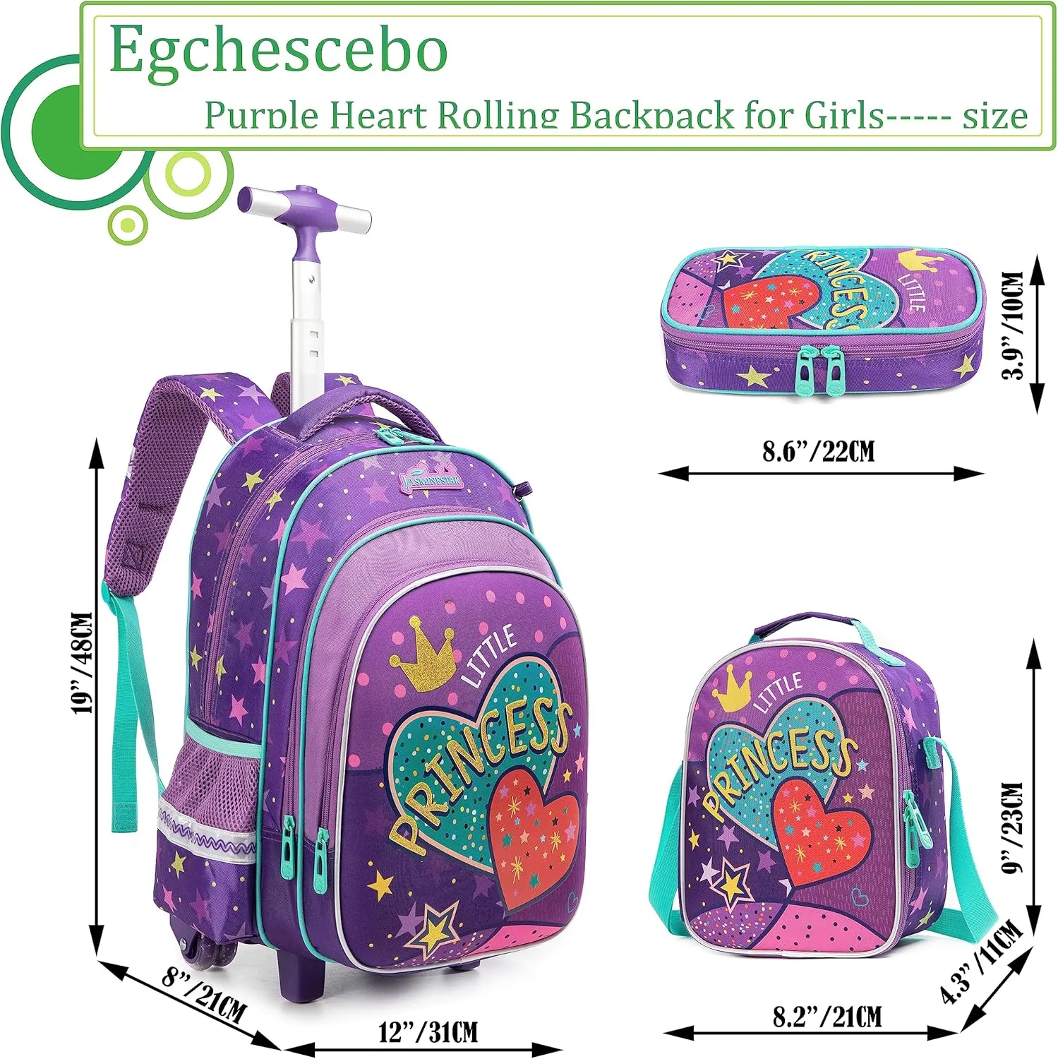 Egchescebo Kids Love Hearts Rolling Backpack for Girls 17" Suitcases Trolley Backpacks with Wheels 3PCS Luggage Backpacks Wheels with Lunch Box Pencil Case for Elementary Girl Travel School Bag Purple