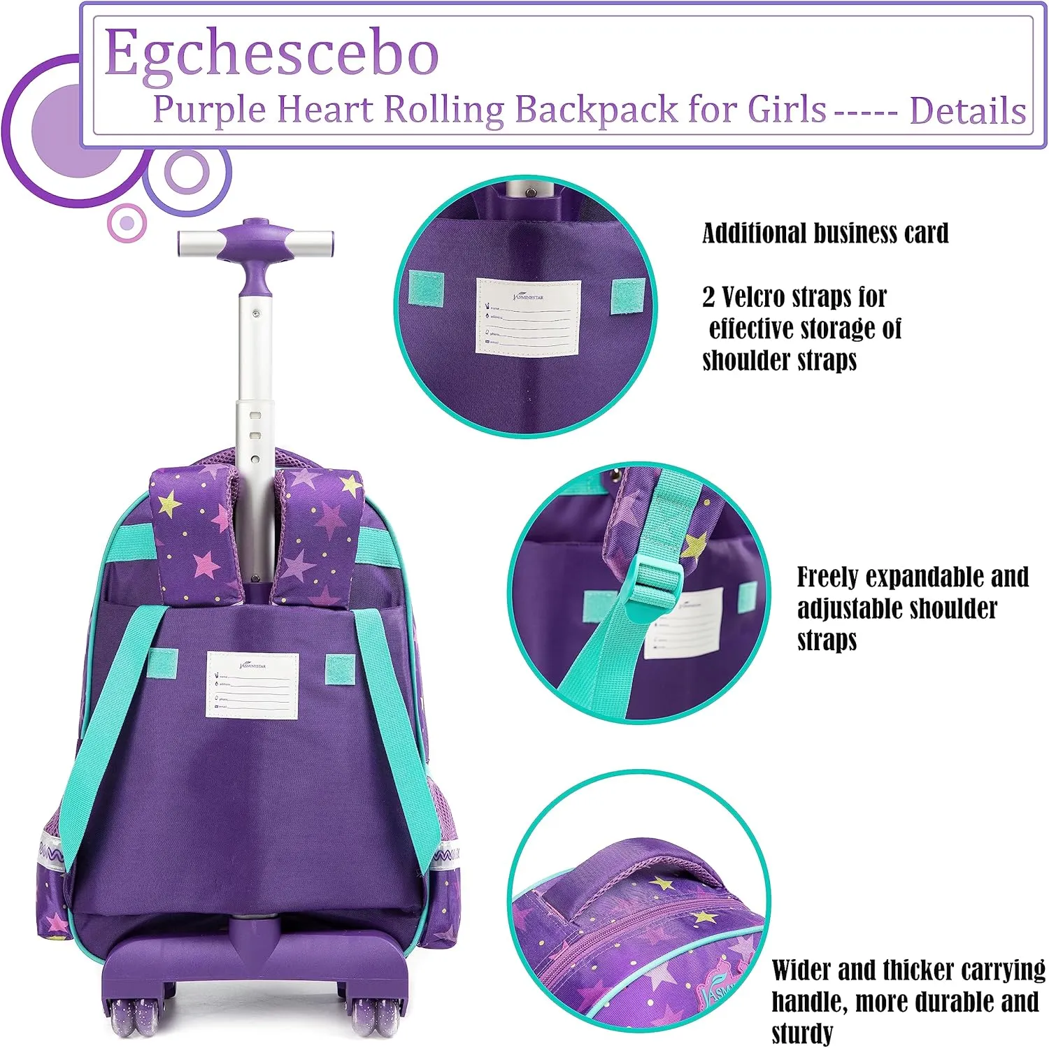 Egchescebo Kids Love Hearts Rolling Backpack for Girls 17" Suitcases Trolley Backpacks with Wheels 3PCS Luggage Backpacks Wheels with Lunch Box Pencil Case for Elementary Girl Travel School Bag Purple