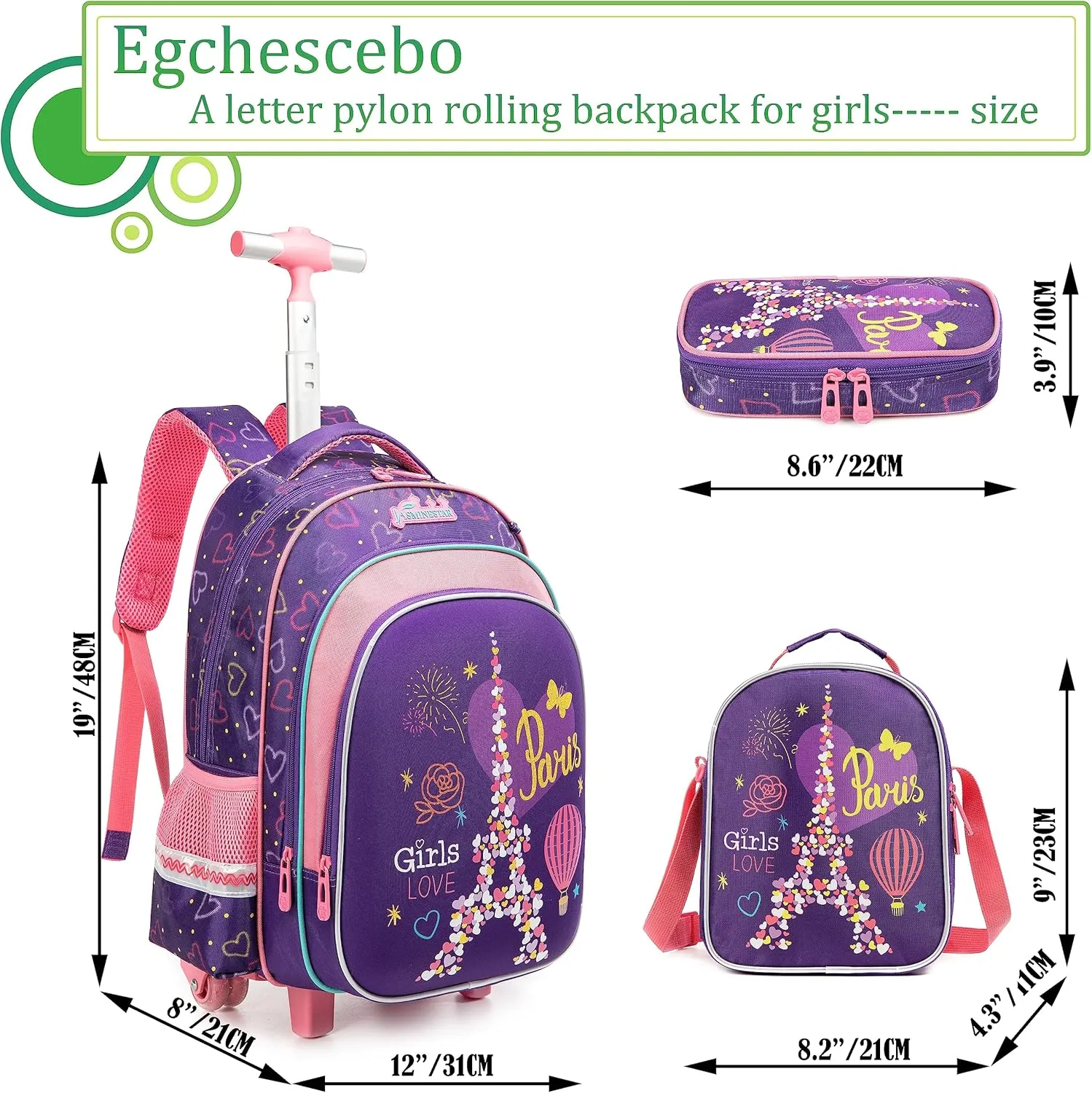 Egchescebo Kids Pylons Rolling Backpack for Girls 17" Suitcases Trolley Backpacks with Wheels 3PCS Luggage Backpacks Wheels with Lunch Box Pencil Case for Elementary Girl Travel School Bag Purple