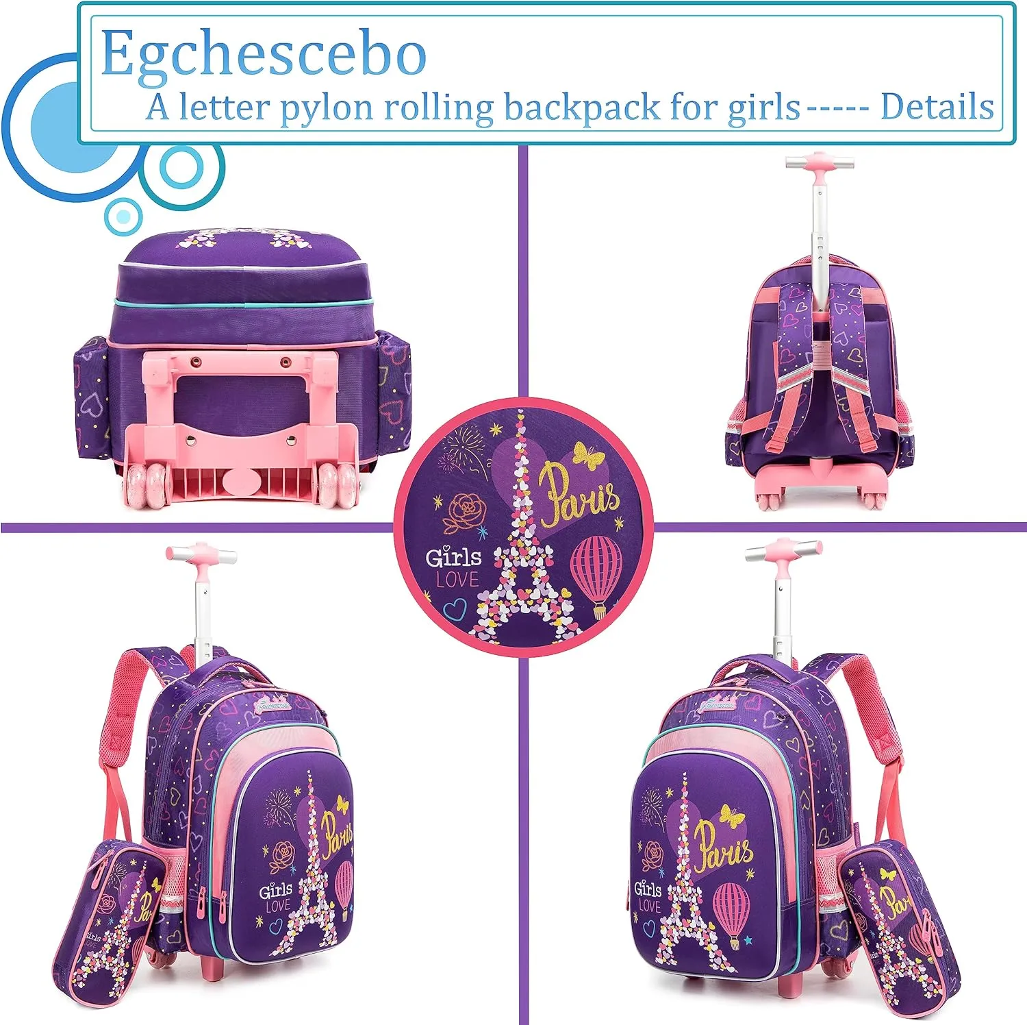 Egchescebo Kids Pylons Rolling Backpack for Girls 17" Suitcases Trolley Backpacks with Wheels 3PCS Luggage Backpacks Wheels with Lunch Box Pencil Case for Elementary Girl Travel School Bag Purple