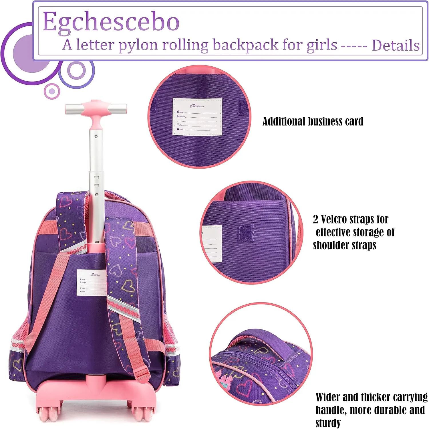 Egchescebo Kids Pylons Rolling Backpack for Girls 17" Suitcases Trolley Backpacks with Wheels 3PCS Luggage Backpacks Wheels with Lunch Box Pencil Case for Elementary Girl Travel School Bag Purple