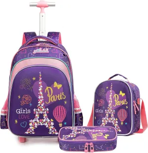 Egchescebo Kids Pylons Rolling Backpack for Girls 17" Suitcases Trolley Backpacks with Wheels 3PCS Luggage Backpacks Wheels with Lunch Box Pencil Case for Elementary Girl Travel School Bag Purple