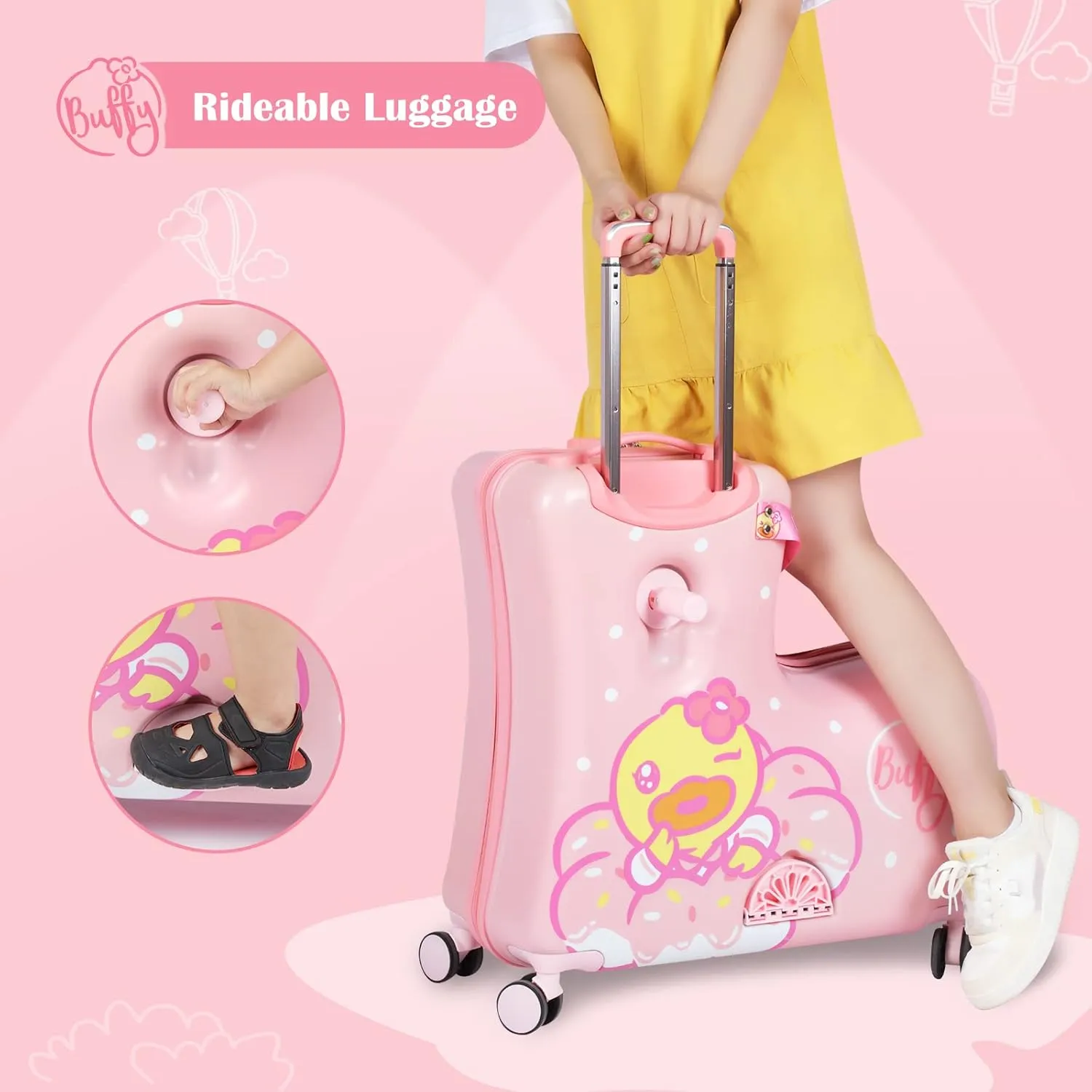 Eing Children's Ride-On Travel Suitcase, Rolling Kid's Luggage with Wheels, Cute Funny Ride On Trolley Luggage, 24 Inch (Pink Flower) with Password Lock