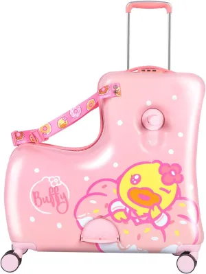 Eing Children's Ride-On Travel Suitcase, Rolling Kid's Luggage with Wheels, Cute Funny Ride On Trolley Luggage, 24 Inch (Pink Flower) with Password Lock