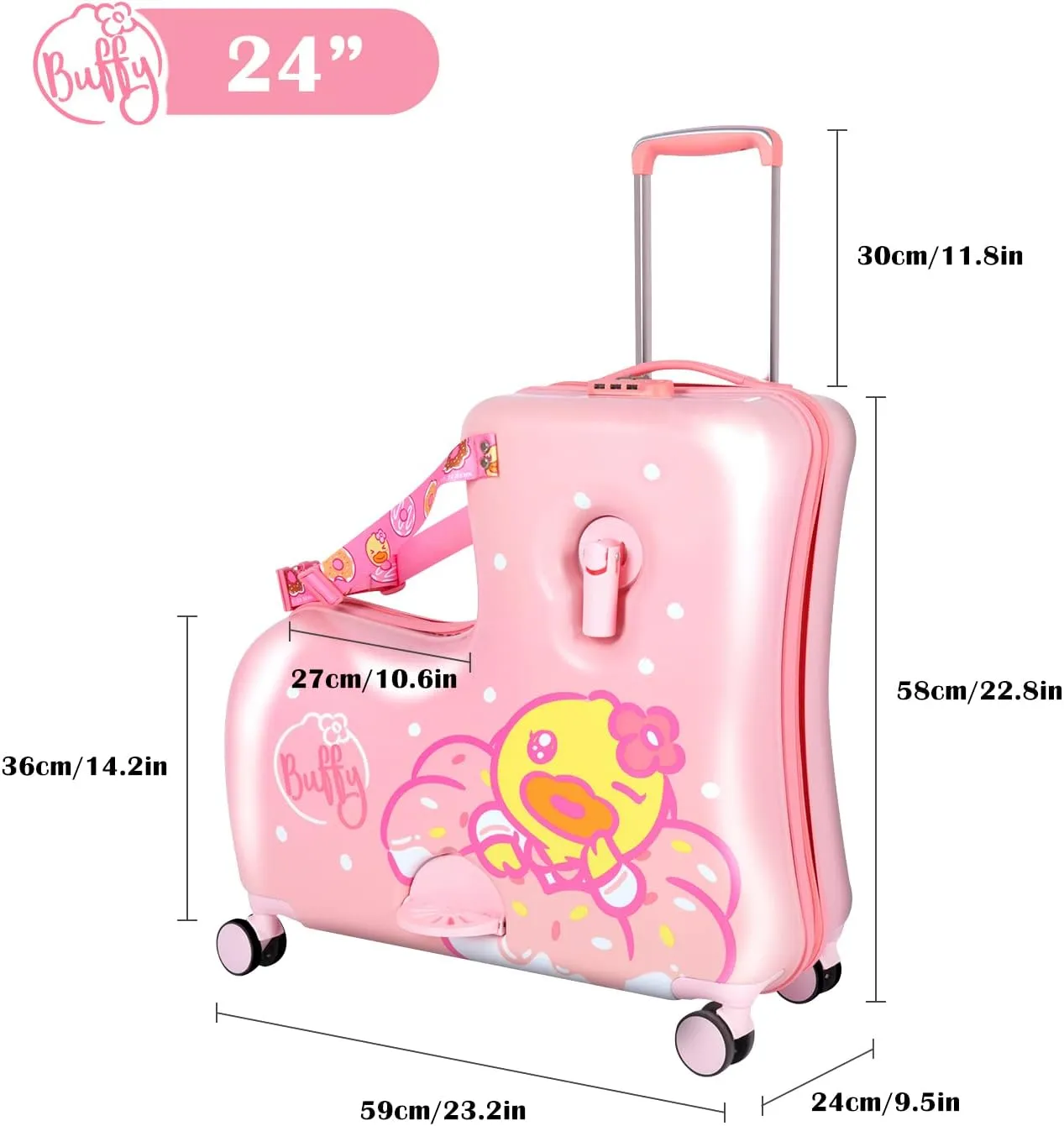 Eing Children's Ride-On Travel Suitcase, Rolling Kid's Luggage with Wheels, Cute Funny Ride On Trolley Luggage, 24 Inch (Pink Flower) with Password Lock