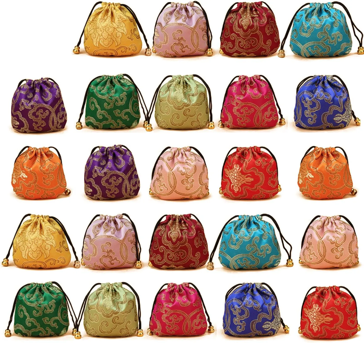 Elesa Miracle 24pcs Silk Brocade Jewelry Pouch Bag, Drawstring Coin Purse, Gift Bag Value Set