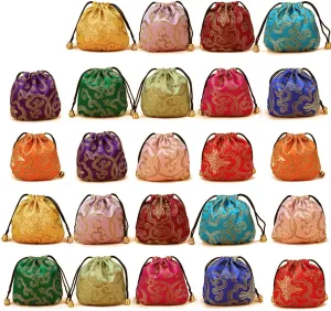 Elesa Miracle 24pcs Silk Brocade Jewelry Pouch Bag, Drawstring Coin Purse, Gift Bag Value Set