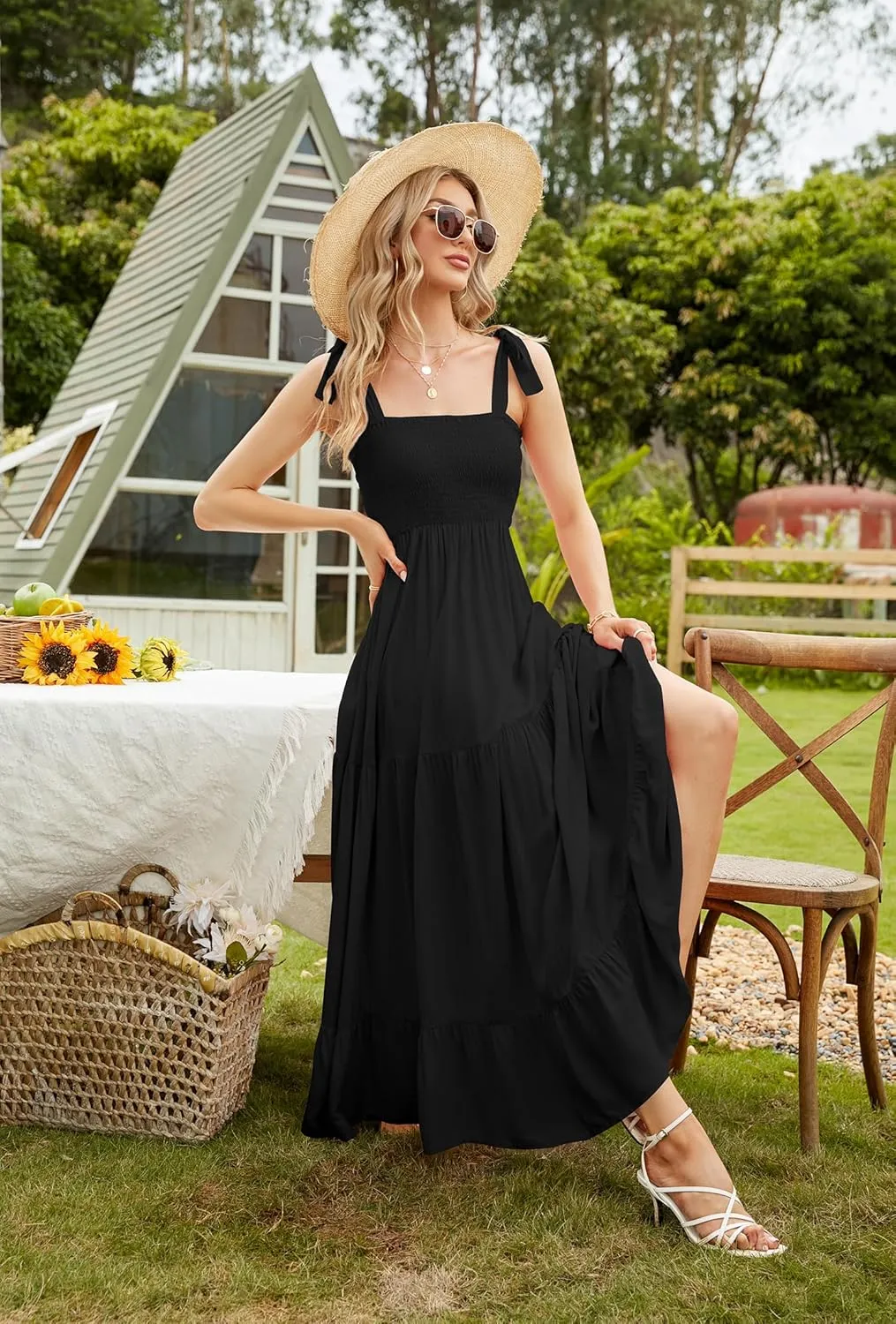 ELIGNTLOFT Women's Summer Casual Maxi Dress Spaghetti Strap Square Neck Boho Beach Long Sun Dresses