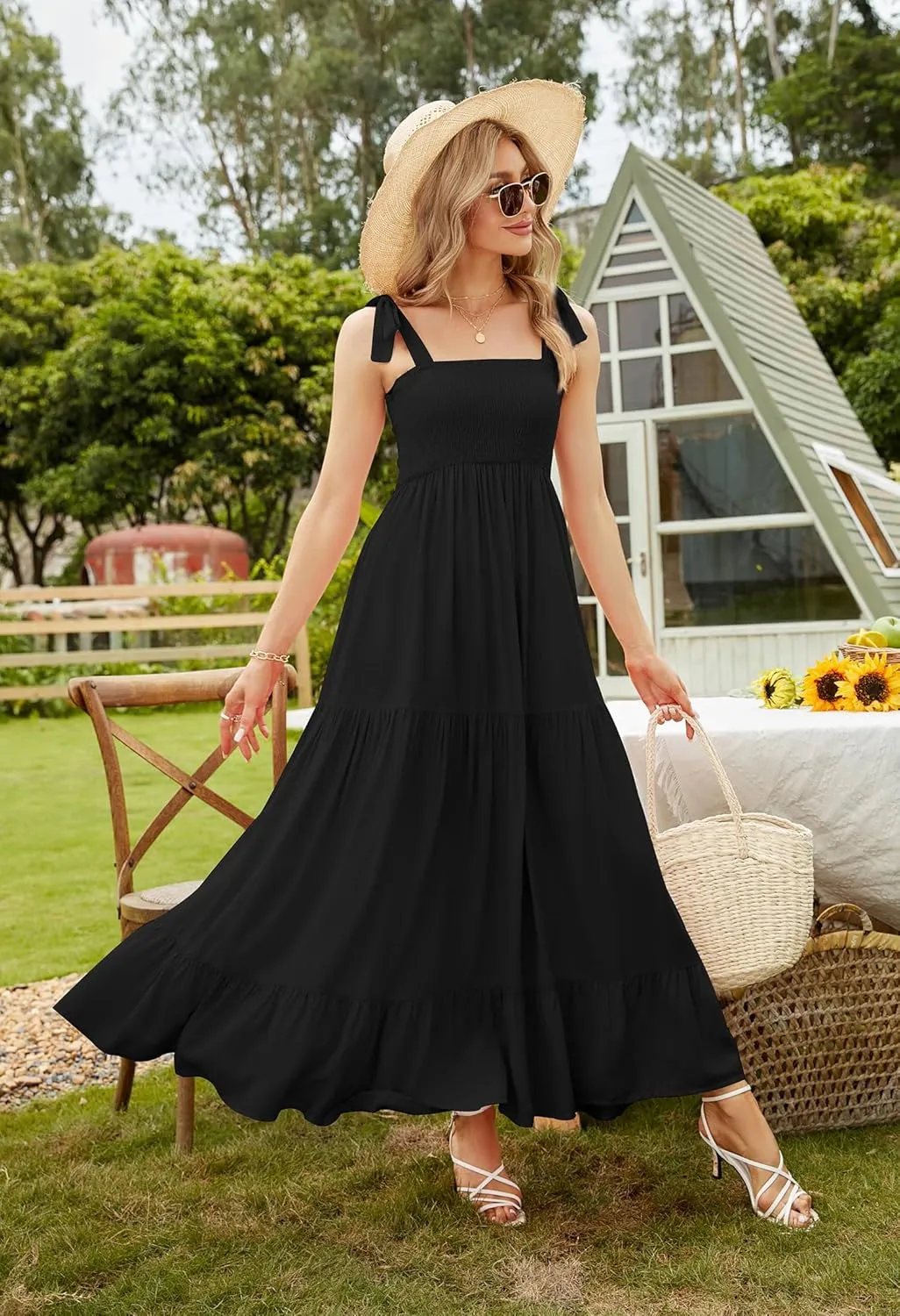 ELIGNTLOFT Women's Summer Casual Maxi Dress Spaghetti Strap Square Neck Boho Beach Long Sun Dresses