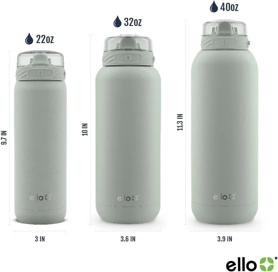 Ello Cooper 32oz Stainless Steel Water Bottle with Straw and Carry Handle, Double Walled and Vacuum Insulated Metal, Leak Proof Locking Lid with Soft Silicone Spout, Reusable, BPA Free, Sage