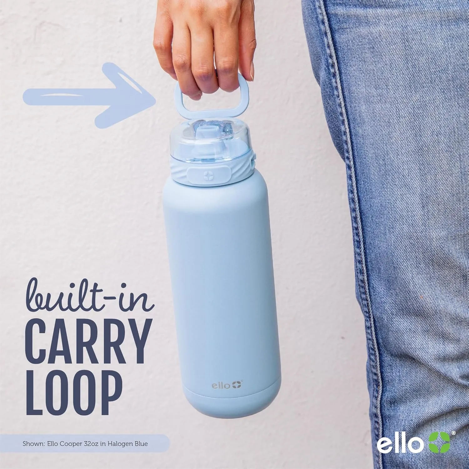 Ello Cooper 32oz Stainless Steel Water Bottle with Straw and Carry Handle, Double Walled and Vacuum Insulated Metal, Leak Proof Locking Lid with Soft Silicone Spout, Reusable, BPA Free, Sage