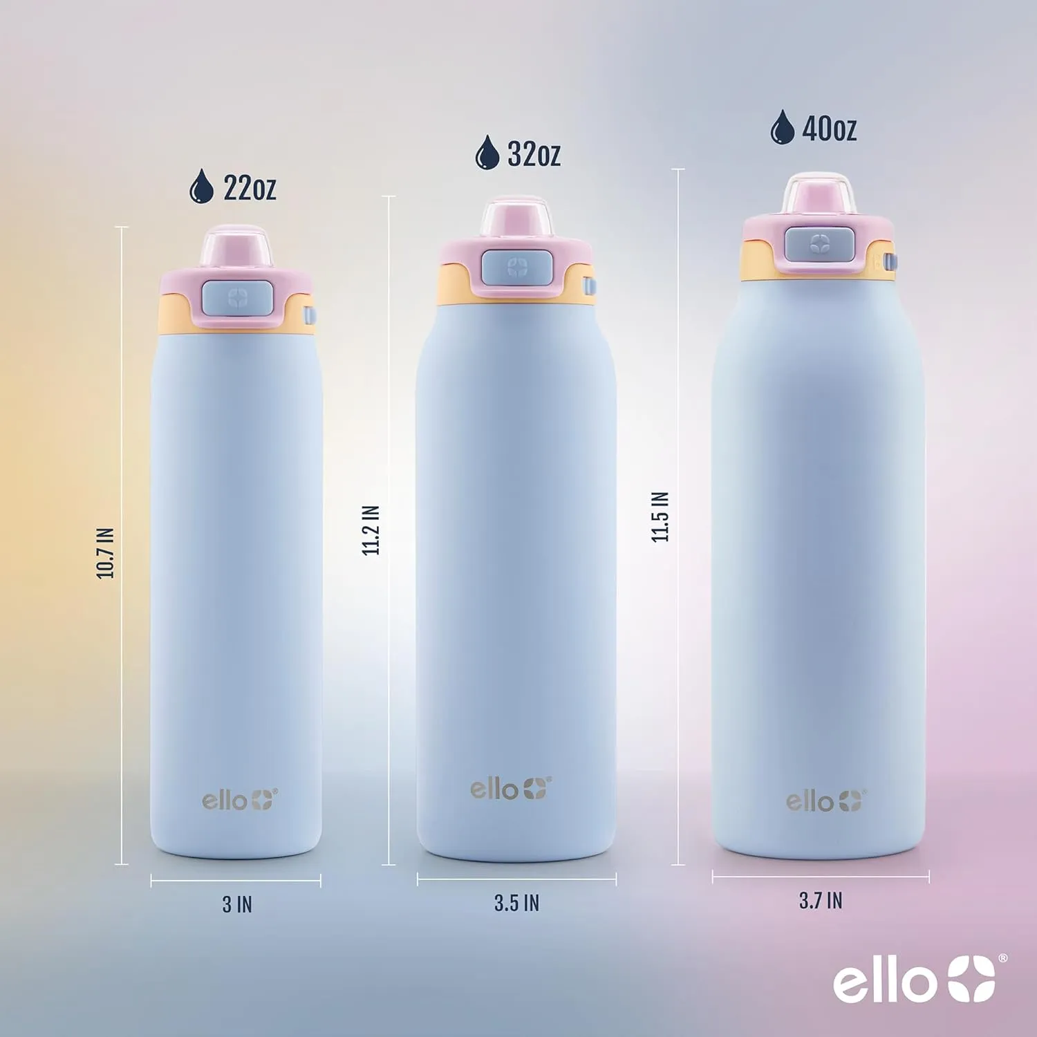 Ello Pop & Fill Stainless Steel Water Bottle with Quick Fill Technology, Double Walled Vacuum Insulated Metal, Leak Proof Locking Lid, Sip & Chug, BPA Free, Holiday Gift for Him Her, 22oz, 32oz, 40oz