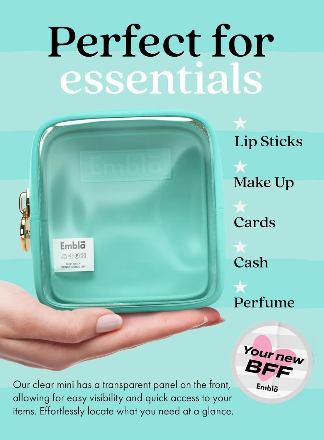 Embla Clear Cosmetic Bag Makeup Case, Clear Zipper Make Up Pouch and Toiletry Travel Tote, Cute Skincare Pouches for Women Girls, Preppy Purse Cosmetic Organizer, Mini Makeup Bags, Cotton Candy